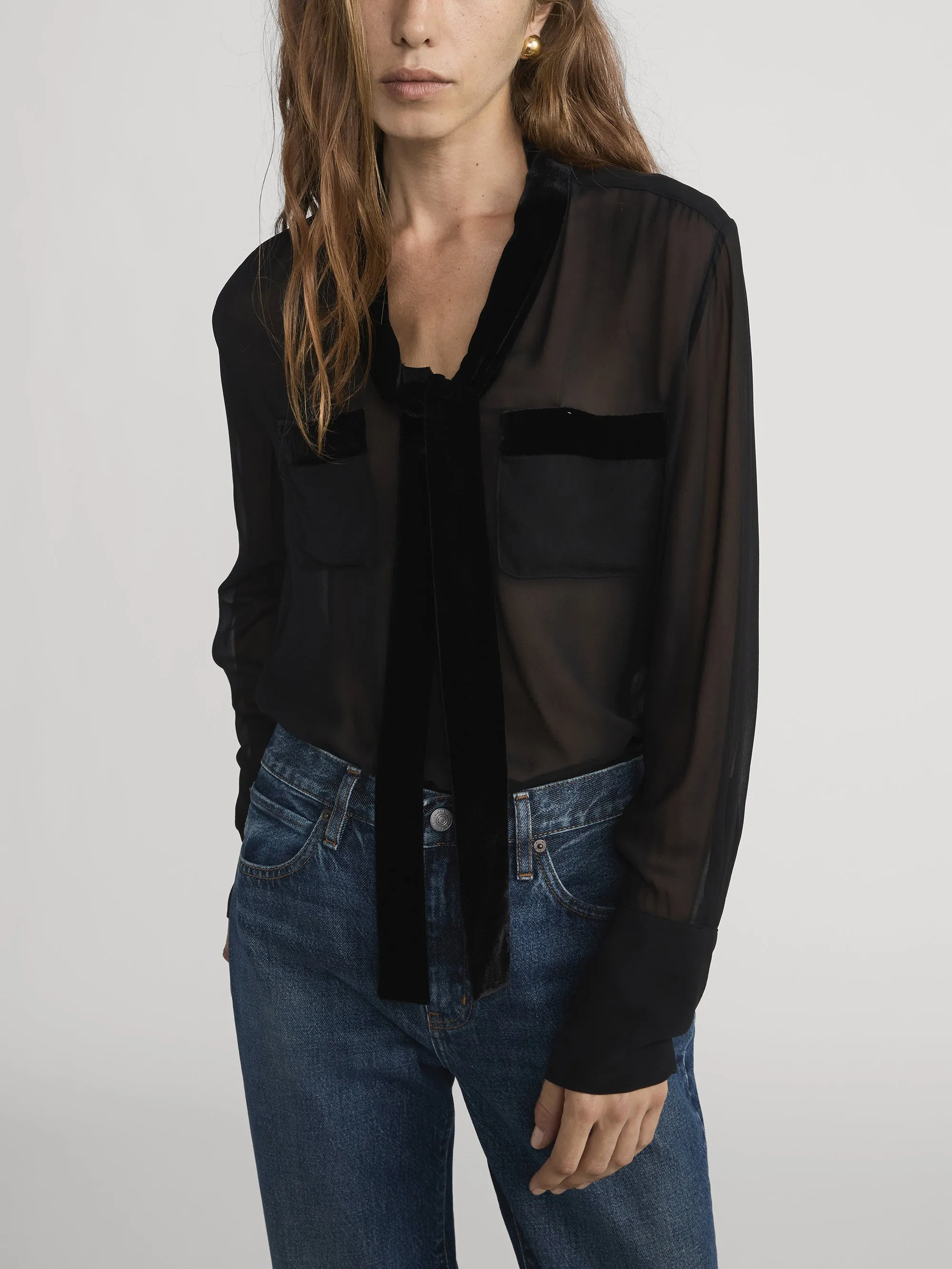 Velvet Trim Modern Tie Blouse -- Black sold by Frame Denim product image thumbnail 3