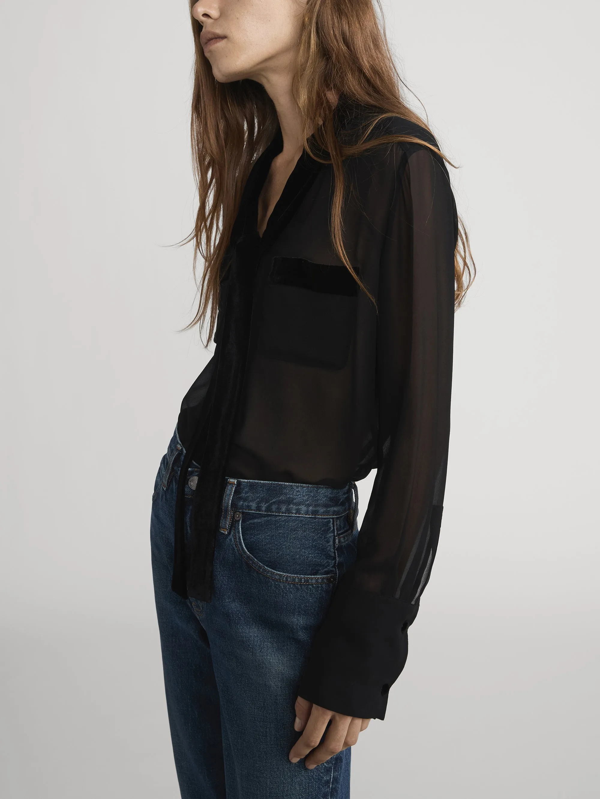 Velvet Trim Modern Tie Blouse -- Black sold by Frame Denim product image thumbnail 5
