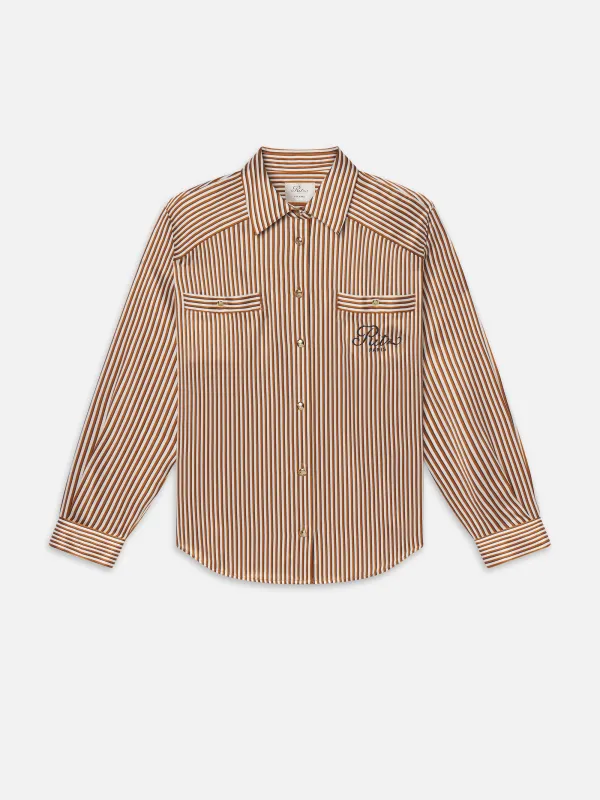 Ritz Striped Pajama Shirt -- Tan Multi sold by Frame Denim