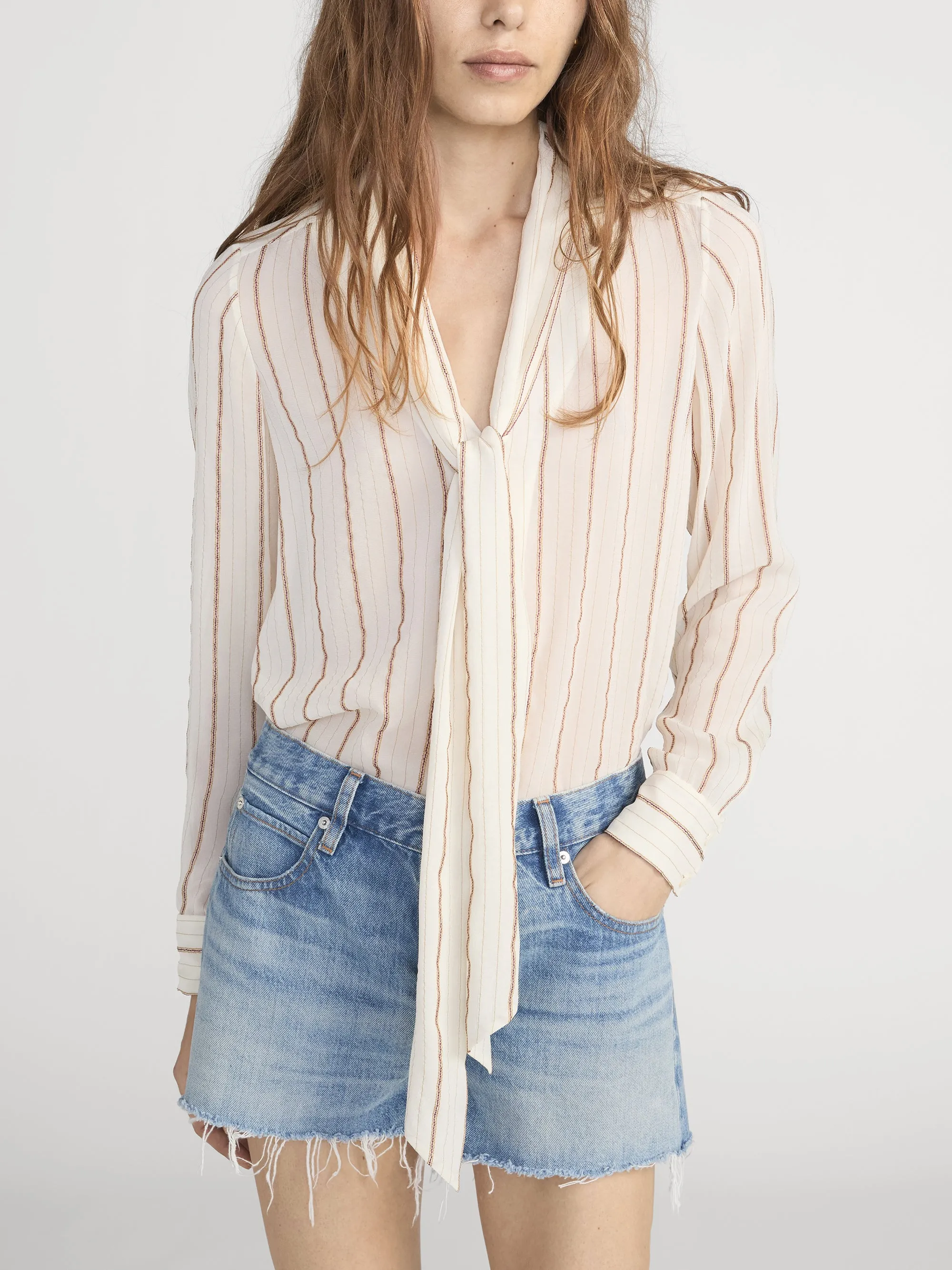 The Striped Silk Tie Blouse -- Cream Multi sold by Frame Denim product image thumbnail 3
