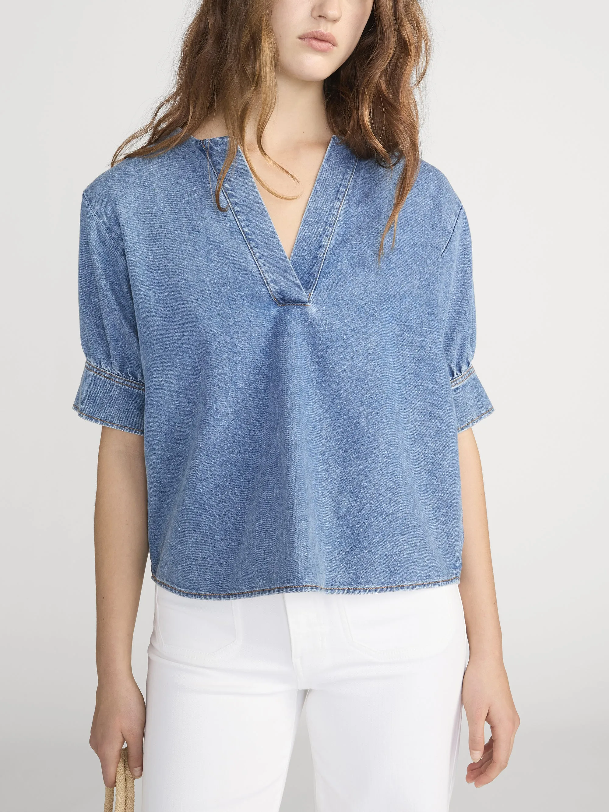 The Denim V-neck Popover Top -- Sora sold by Frame Denim product image thumbnail 3