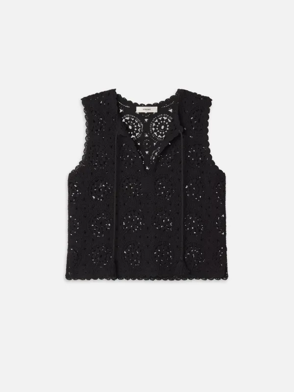 The Crochet Tassel Popover Top -- Black made by Frame Denim