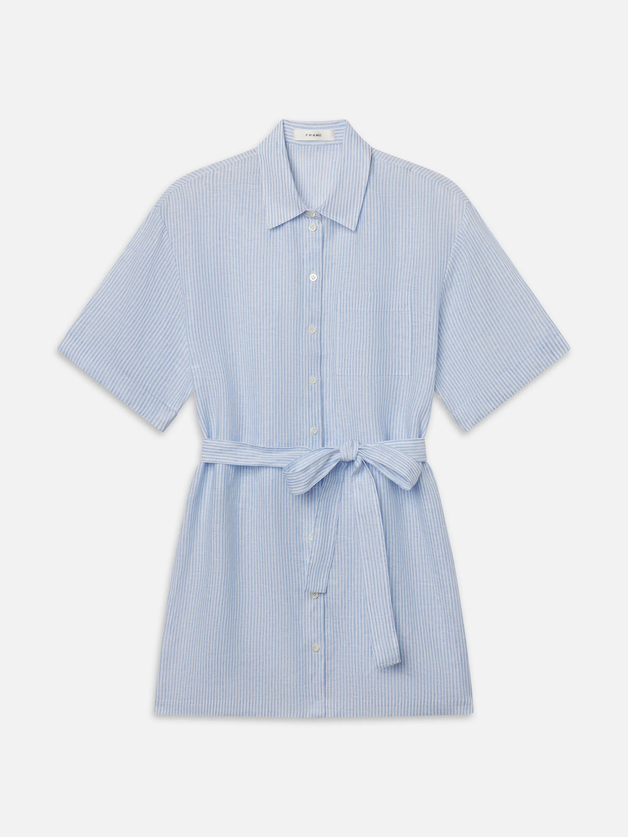 The Linen Belted Dress Chambray -- Blue Multi sold by Frame Denim