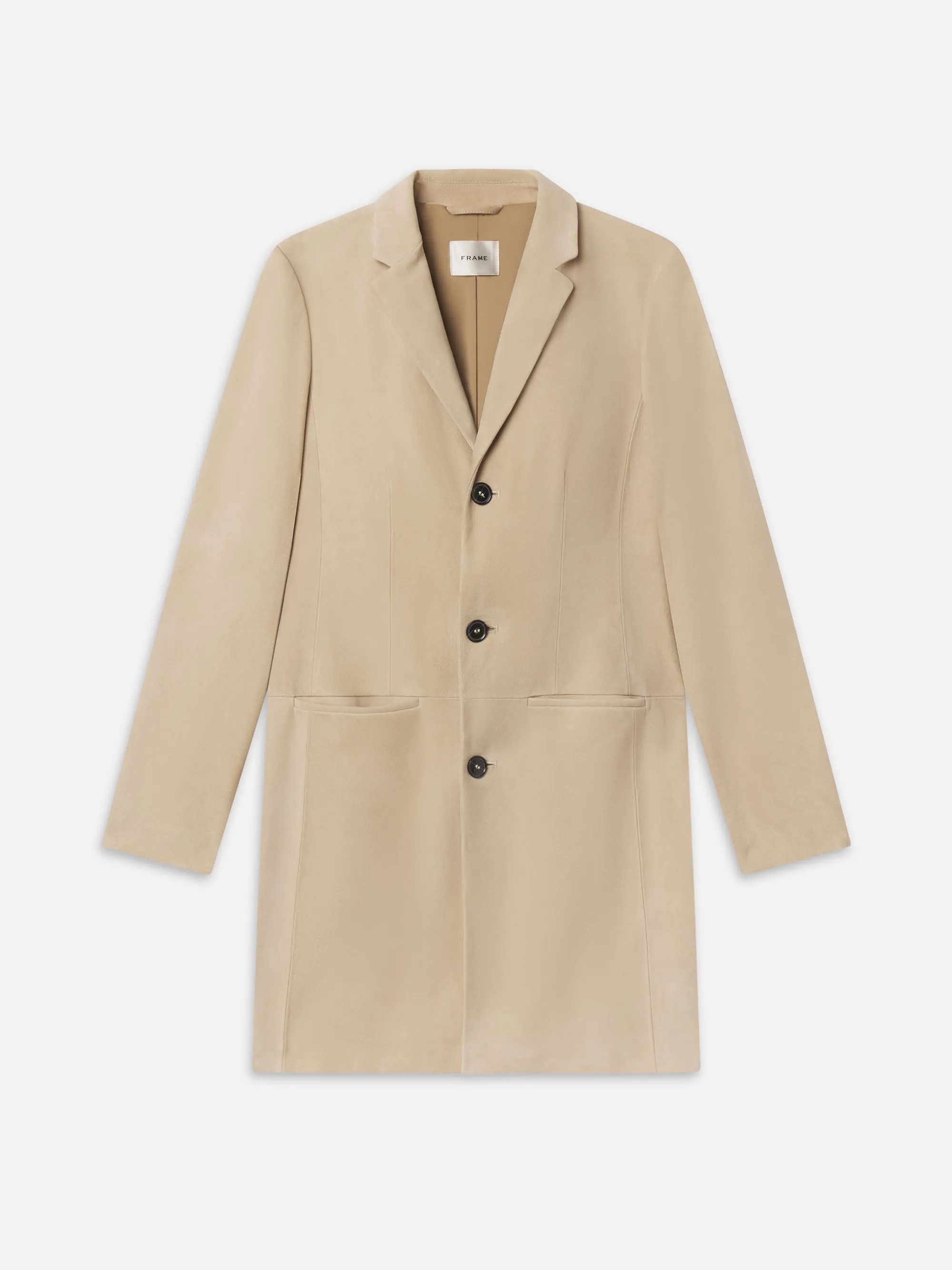 The Sleek Suede Coat -- Sand sold by Frame Denim