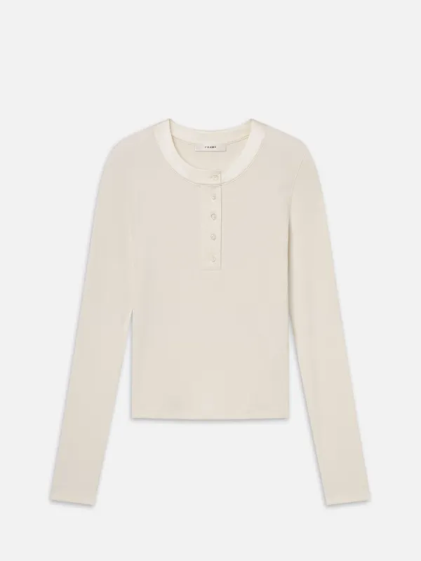 The Satin Trim Rib Henley -- Cream made by Frame Denim