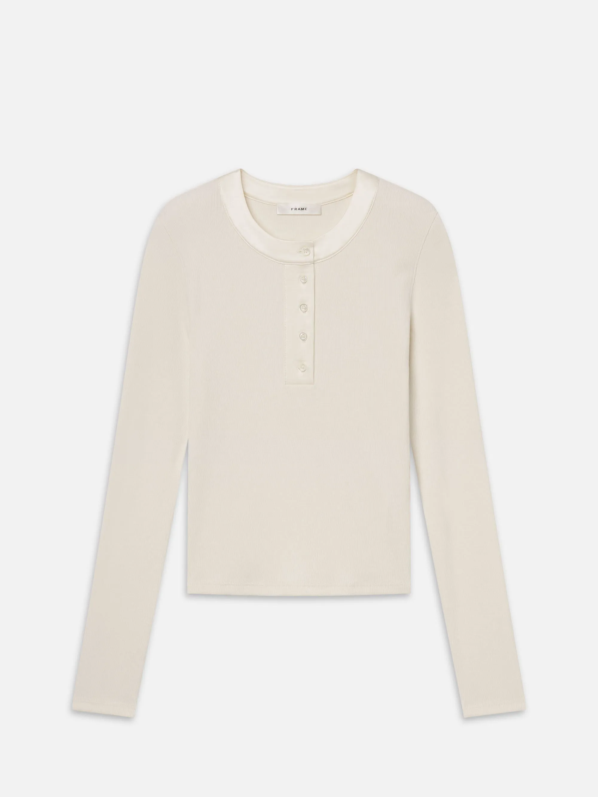 The Satin Trim Rib Henley -- Cream sold by Frame Denim