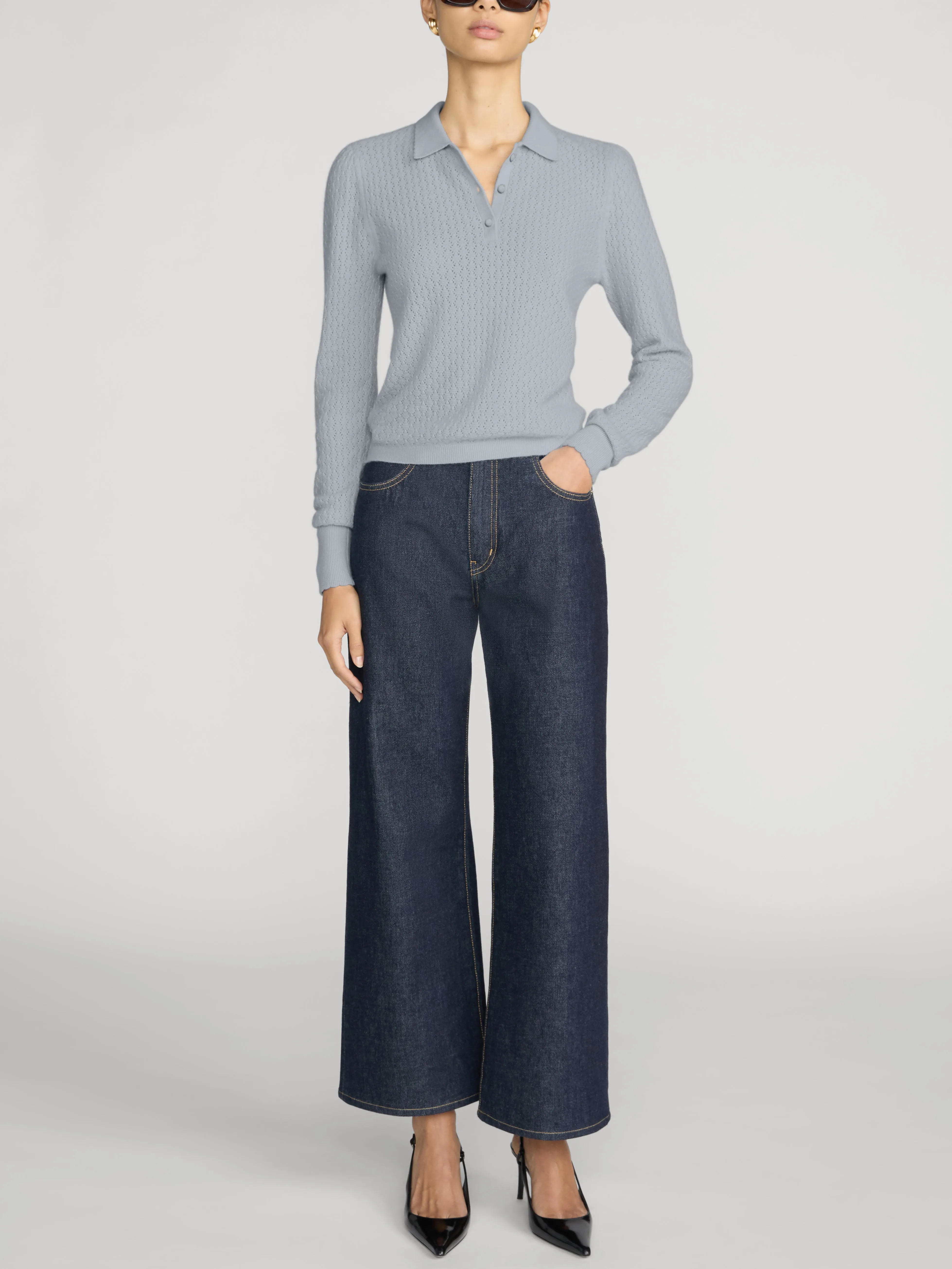 The Long Sleeve Honeycomb Polo -- Grey Blue sold by Frame Denim product image thumbnail 2