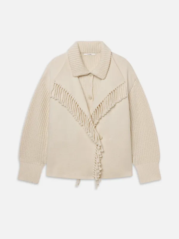 The Cropped Jacquard Fringe Coat -- Ecru made by Frame Denim