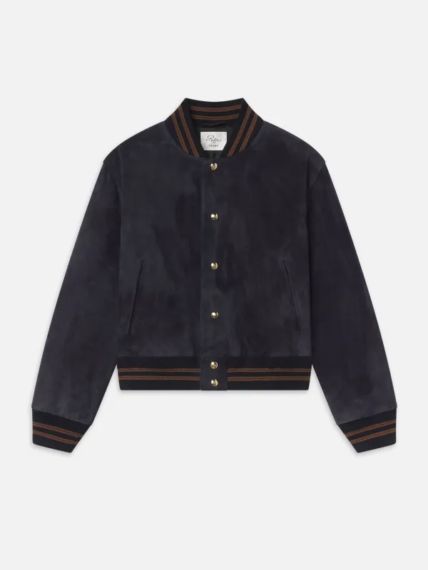 The Ritz Suede Varsity Jacket -- Dark Navy Multi made by Frame Denim
