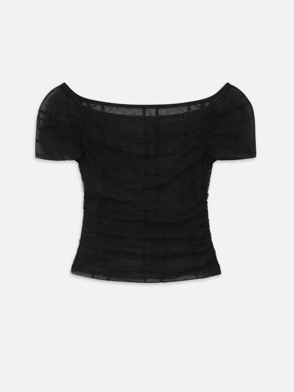 The Off Shoulder Mesh Top -- Black made by Frame Denim