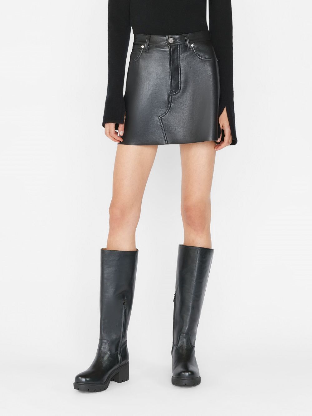 Recycled Leather Le High 'N' Tight Skirt -- Noir sold by Frame Denim