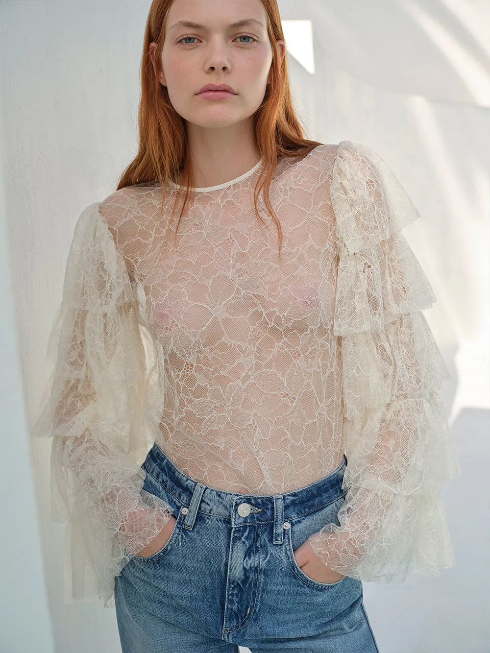 Layered Ruffle Sleeve Blouse -- Cream sold by Frame Denim product image thumbnail 3