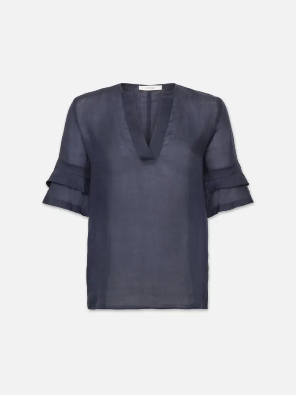 Tiered Ruffle Short Sleeve Blouse -- Navy sold by Frame Denim