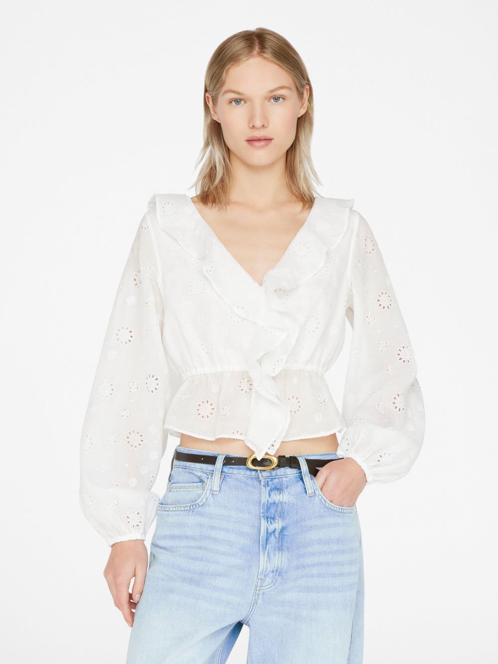 Ruffle Front Eyelet Top -- Blanc sold by Frame Denim