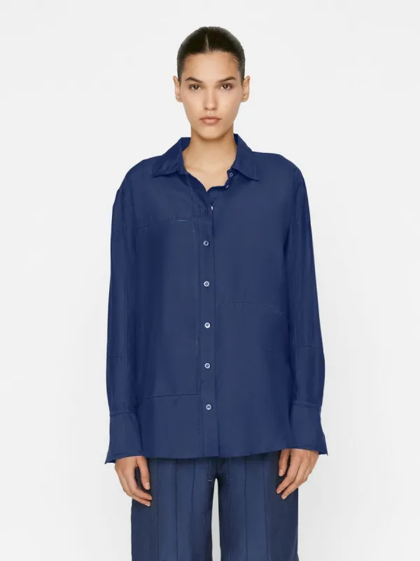 The Oversized Linear Lace Shirt -- Navy sold by Frame Denim