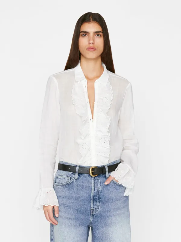 Ruffle Front Button Down Blouse -- Blanc sold by Frame Denim