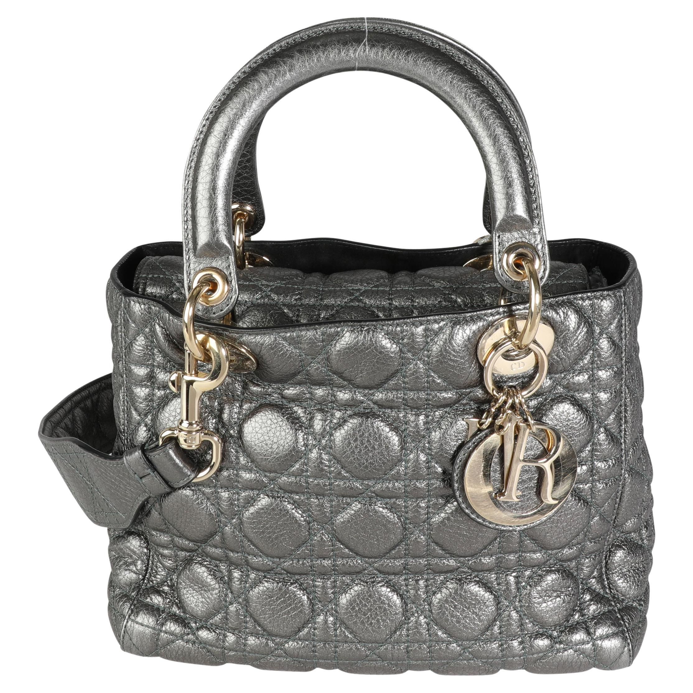 Dior Metallic Silver Supple Cannage Leather Medium Lady Dior Tote sold by Franco Albini