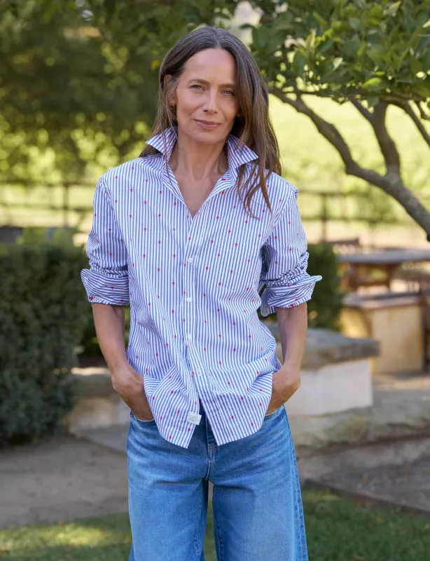 EILEEN Blue Stripe with Red Stars, Italian Cotton made by Frank & Eileen