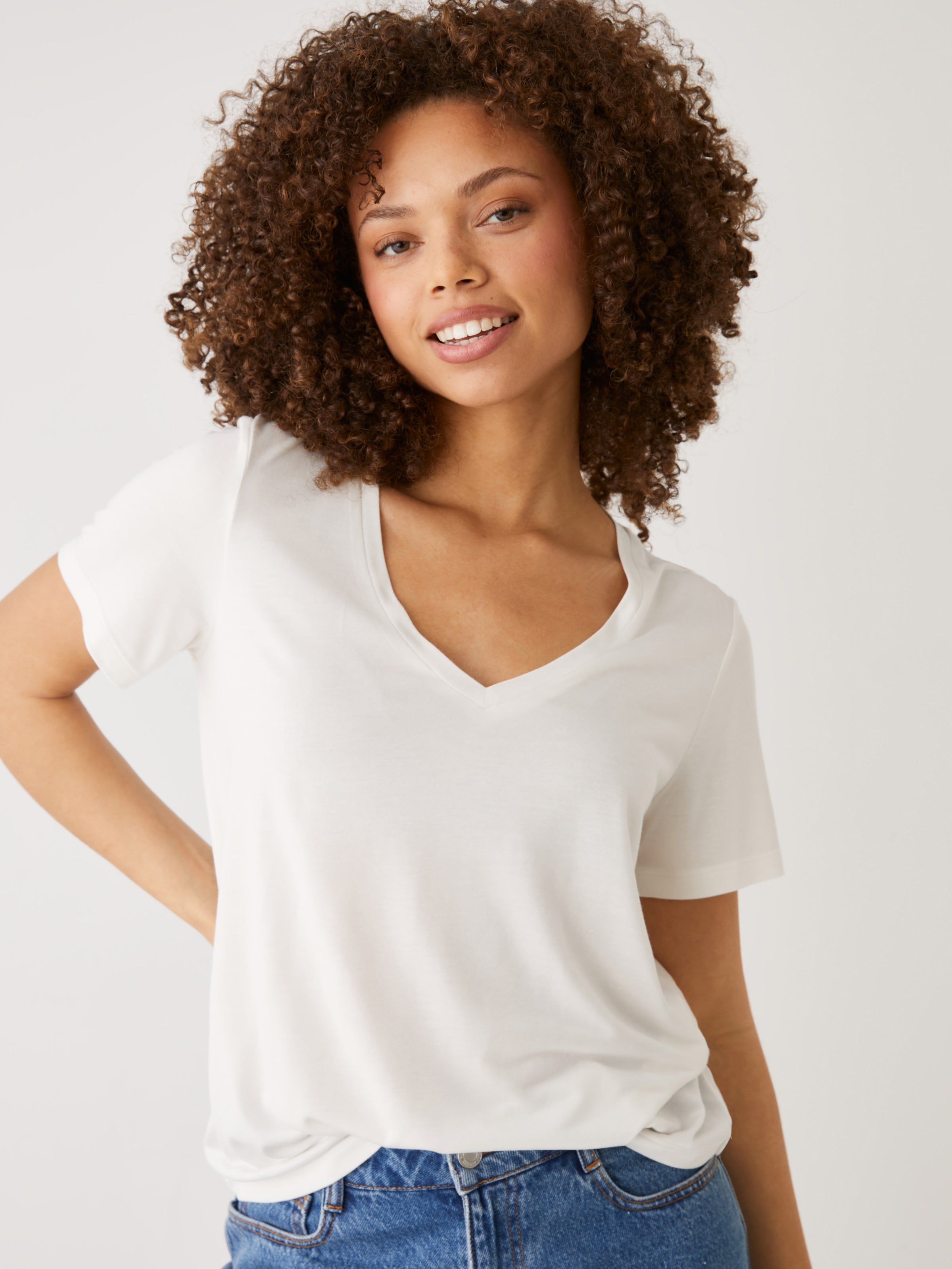 The SuperSoft V-Neck T-Shirt in White sold by Frank & Oak
