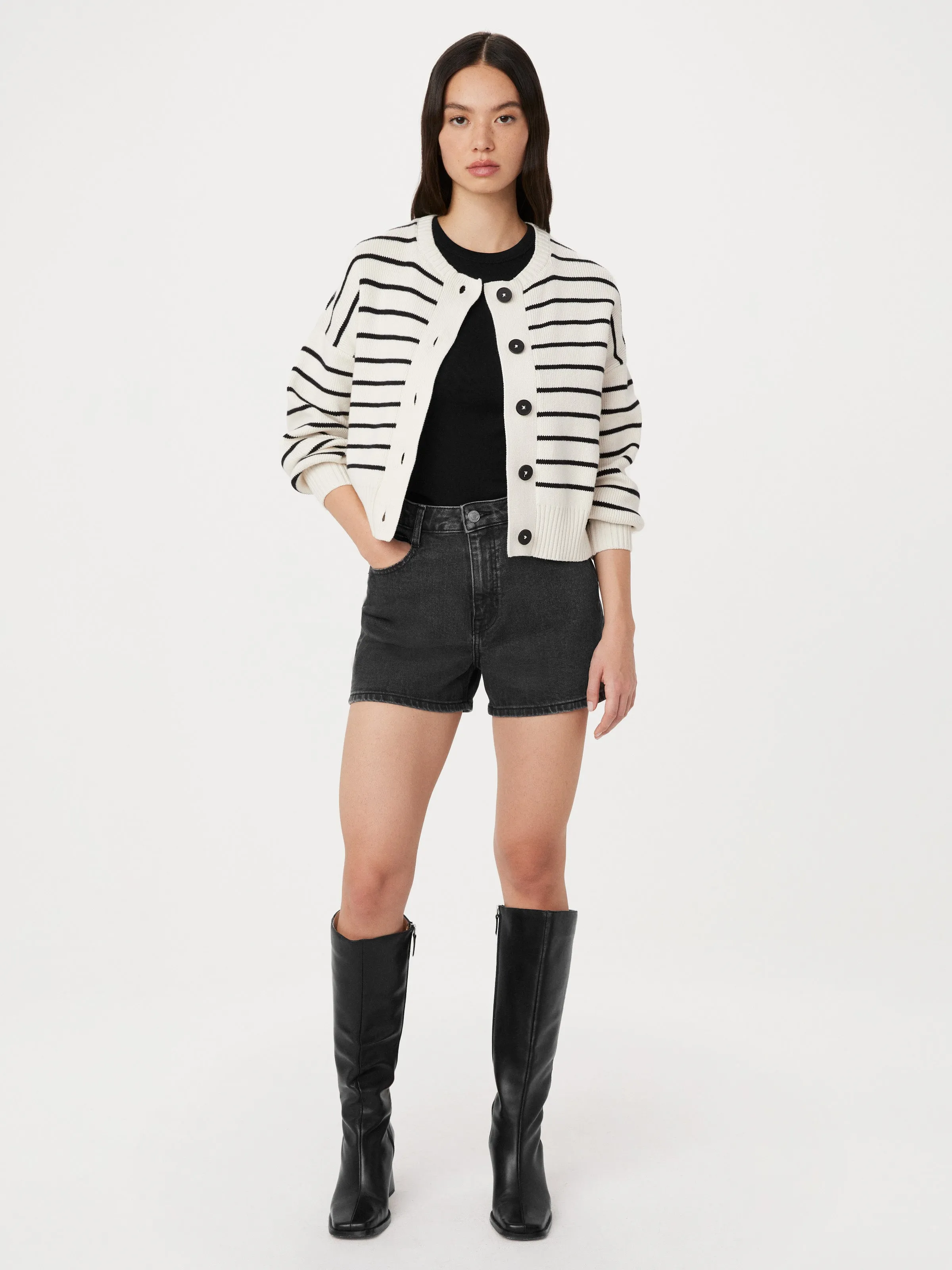 The Stevie Tapered Denim Short in Washed Black sold by Frank & Oak