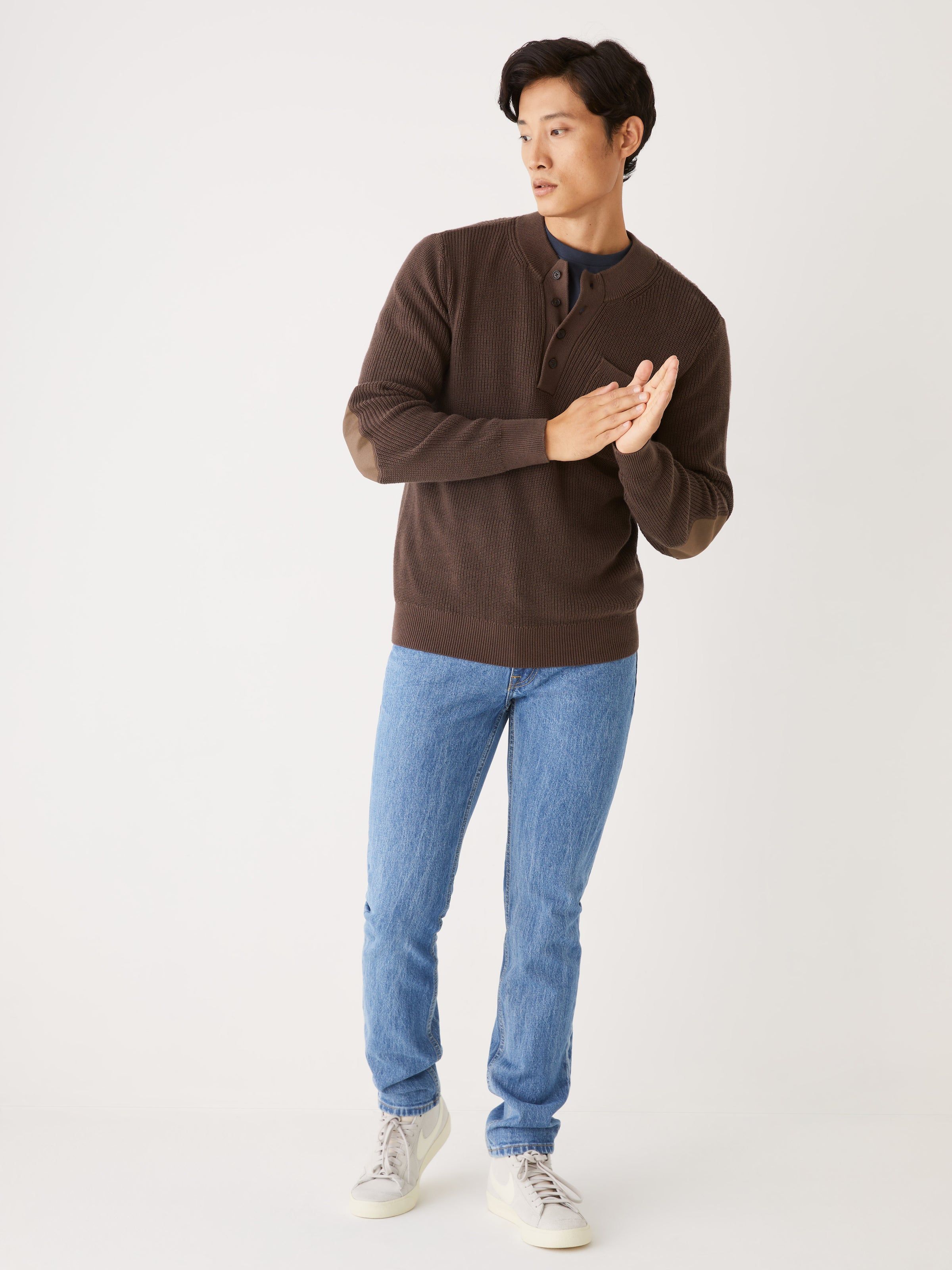 The Ribbed Henley Utility Sweater in Choco Brown sold by Frank & Oak
