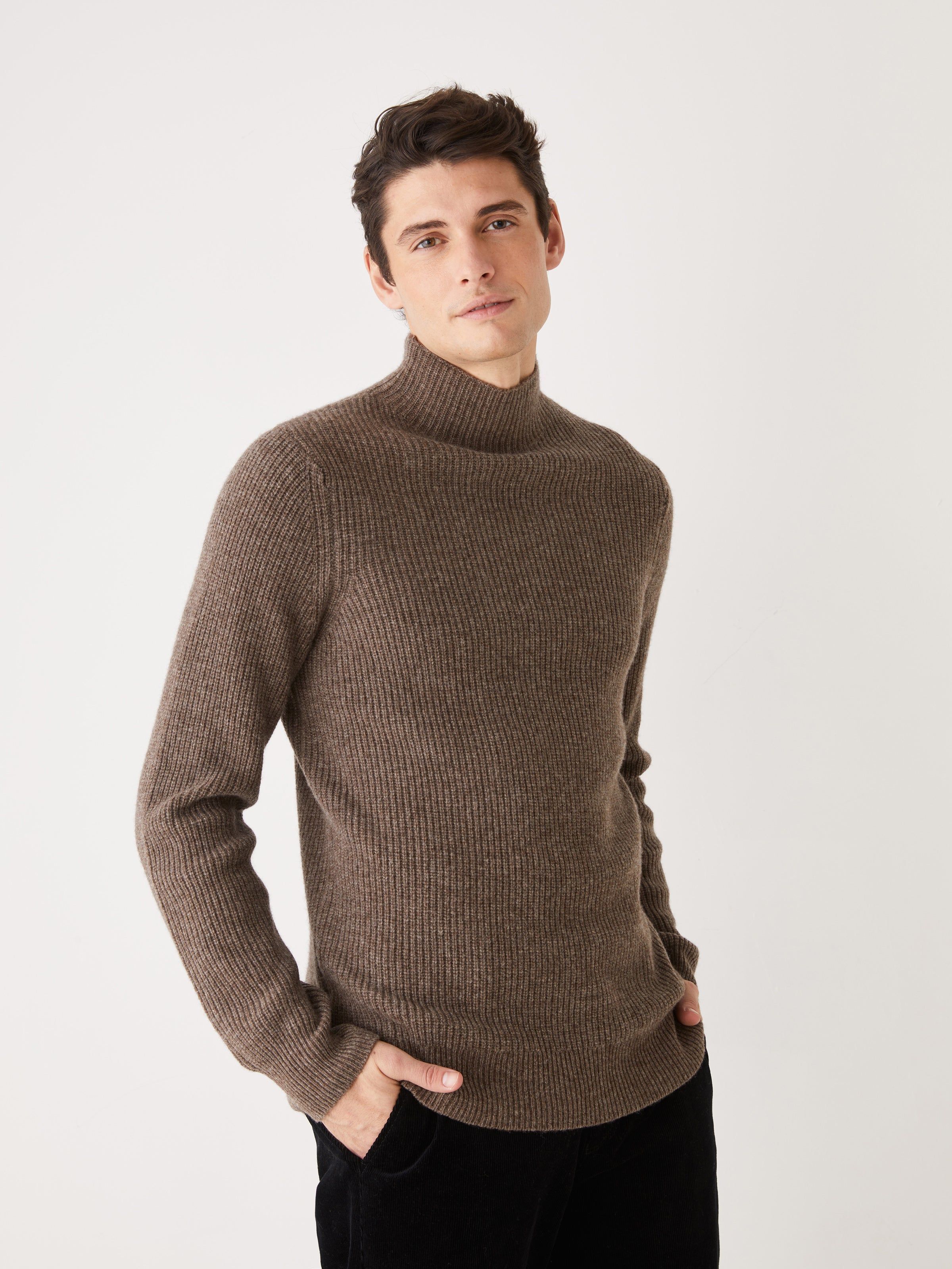 The Mockneck Yak Sweater in Dark Taupe sold by Frank & Oak