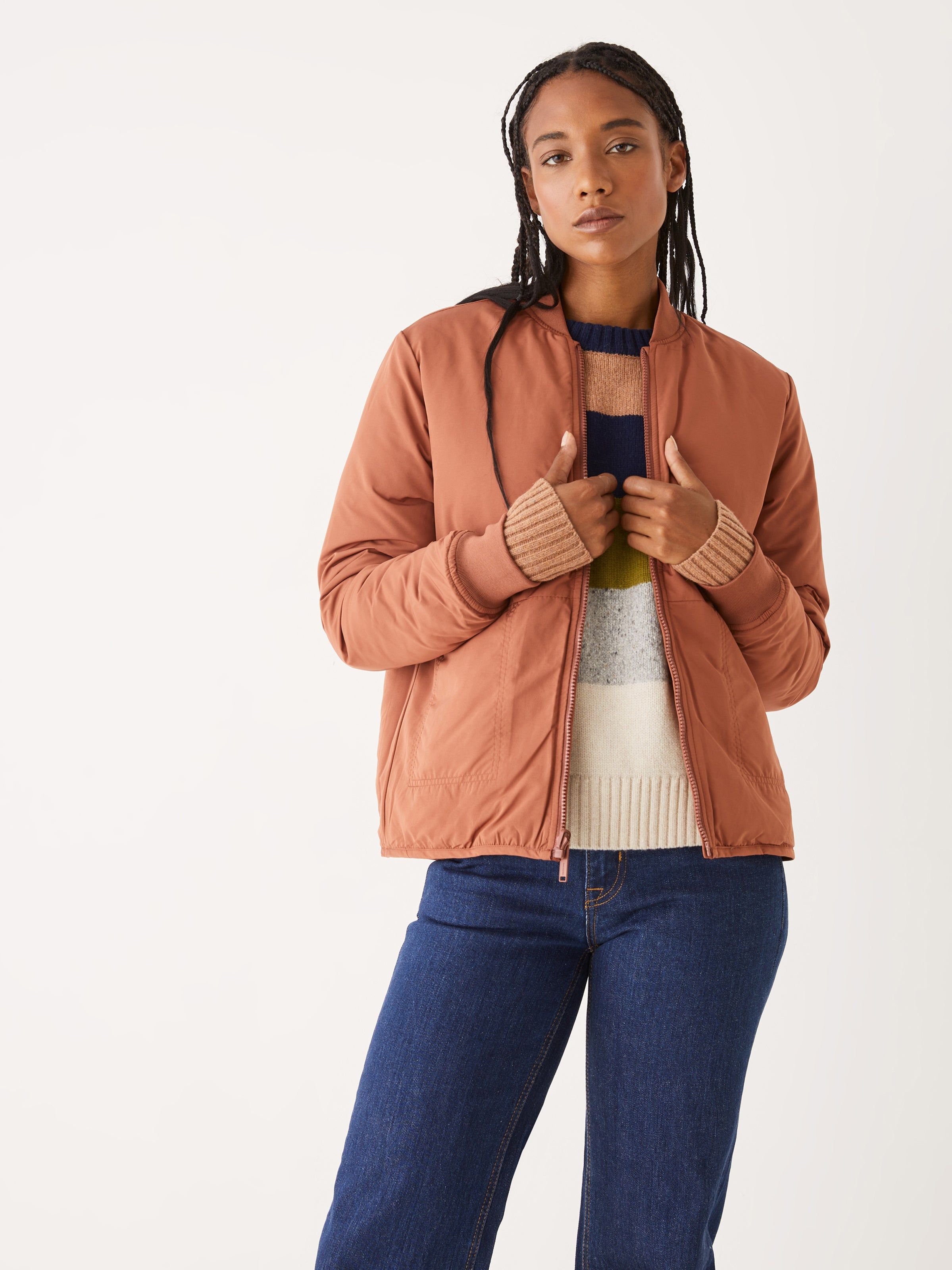 The Skyline Reversible Bomber in Rustic Brown sold by Frank & Oak