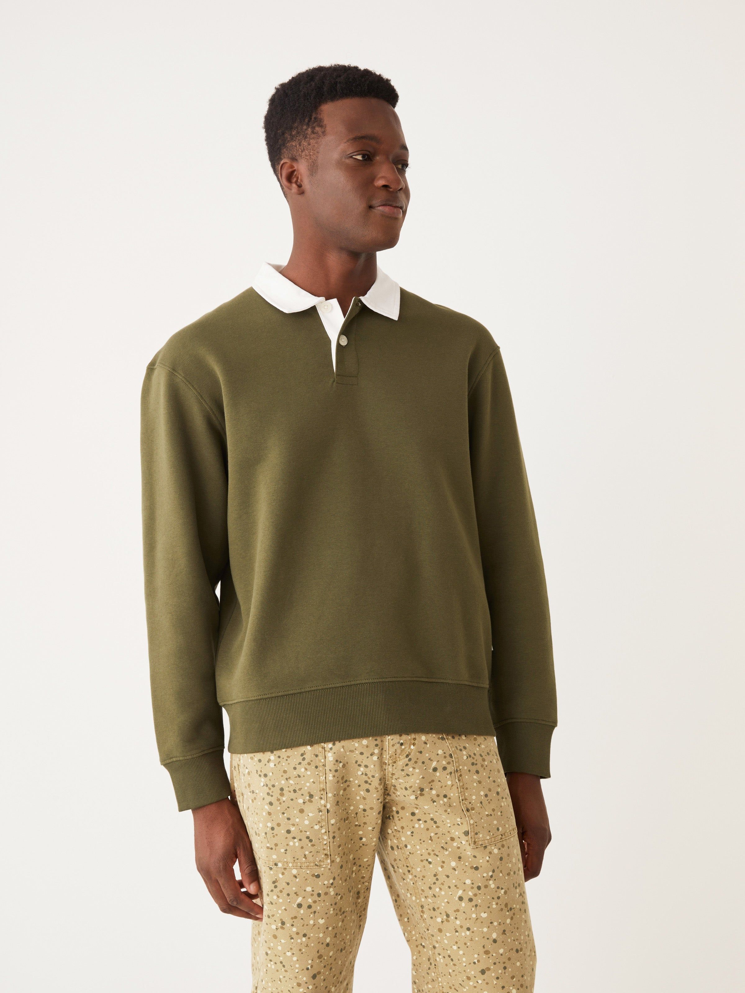 The Fleece Polo Sweater in Dark Olive sold by Frank & Oak