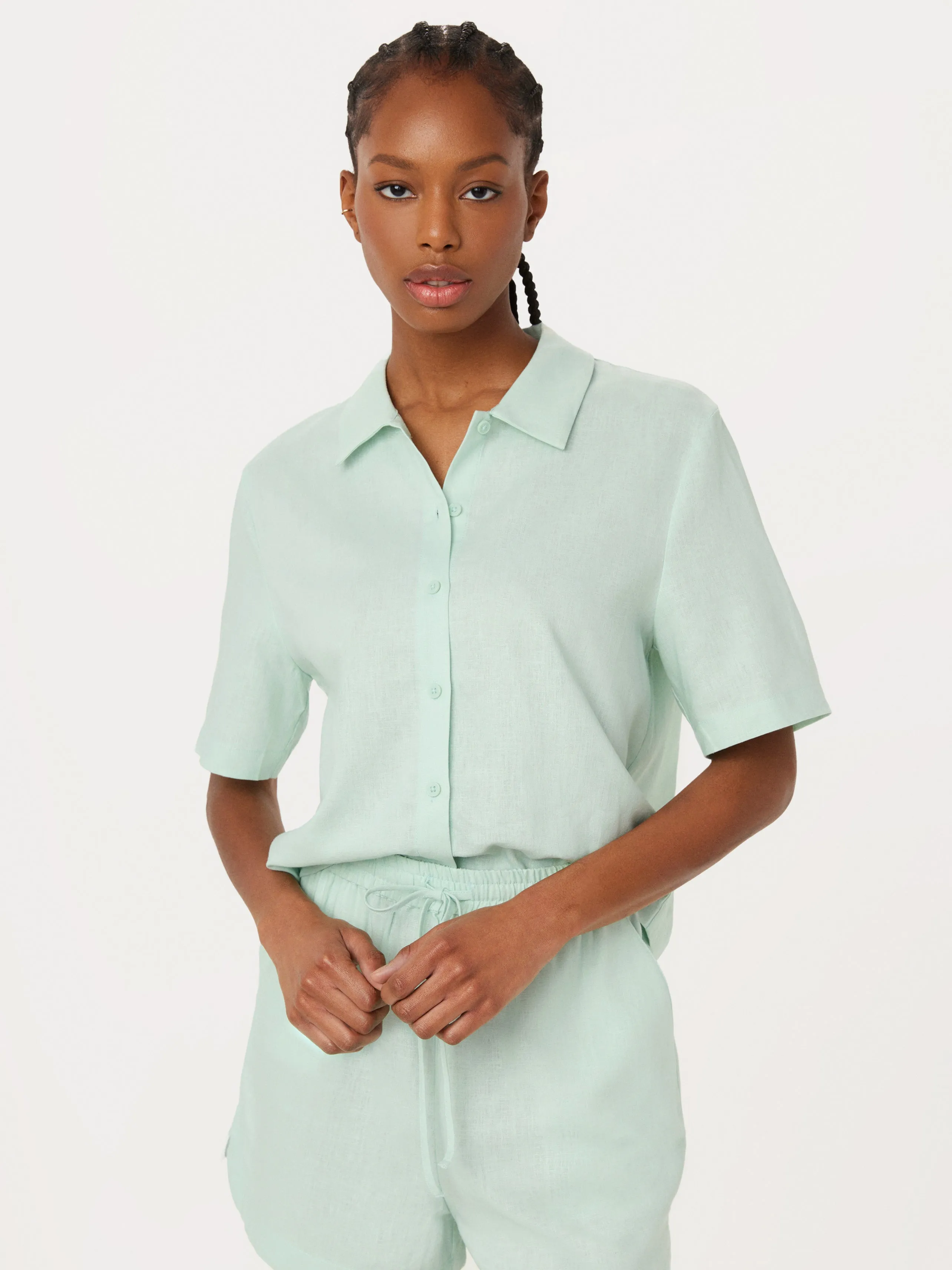 The Cropped Linen Blend Shirt in Seafoam sold by Frank & Oak