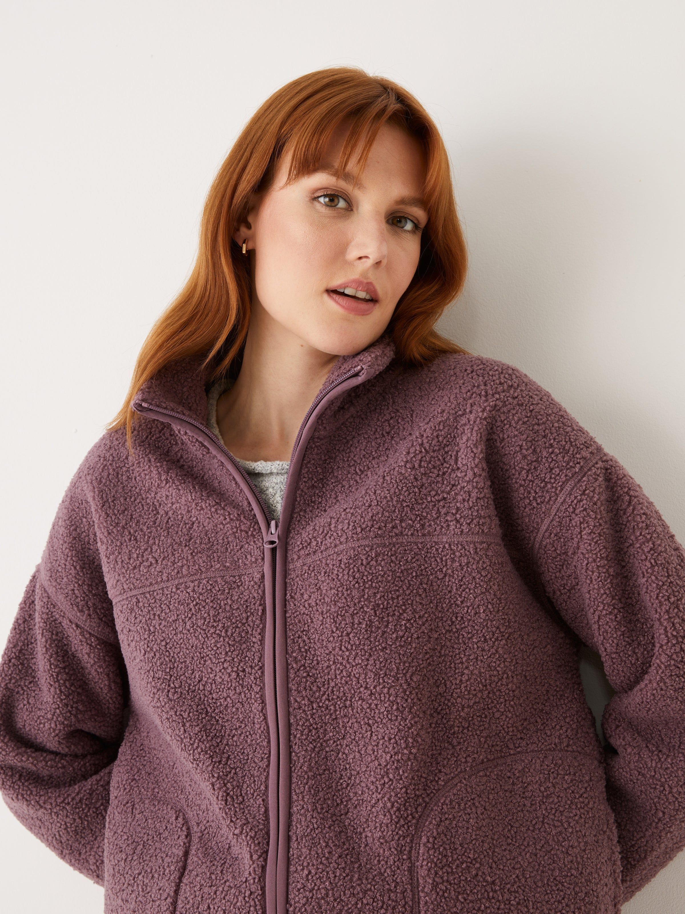 The Pile Fleece Overpiece in Purple sold by Frank & Oak