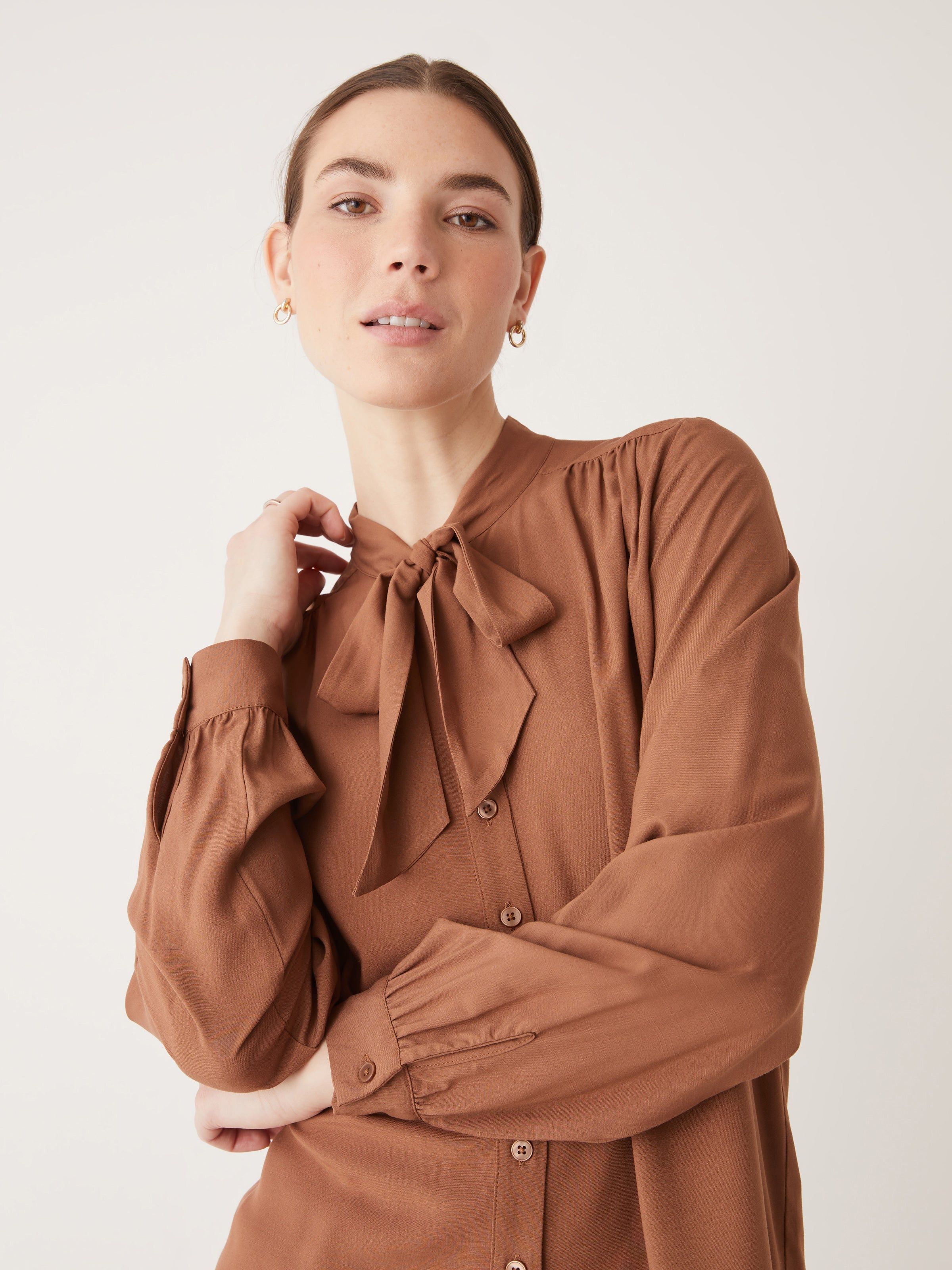 The Tie Neck Blouse in Brown sold by Frank & Oak