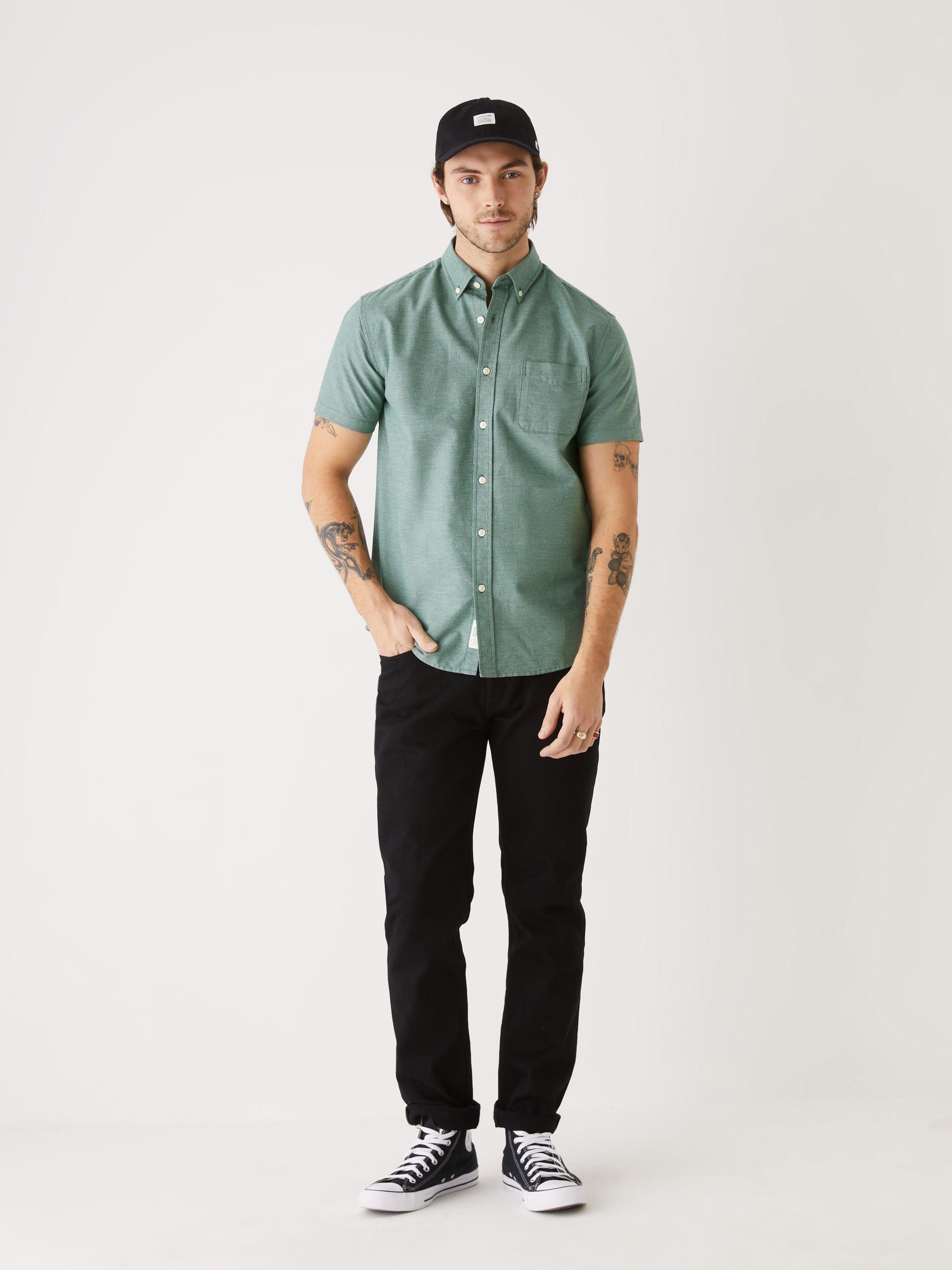 The Short-Sleeved Jasper Oxford Shirt in Dark Green sold by Frank & Oak