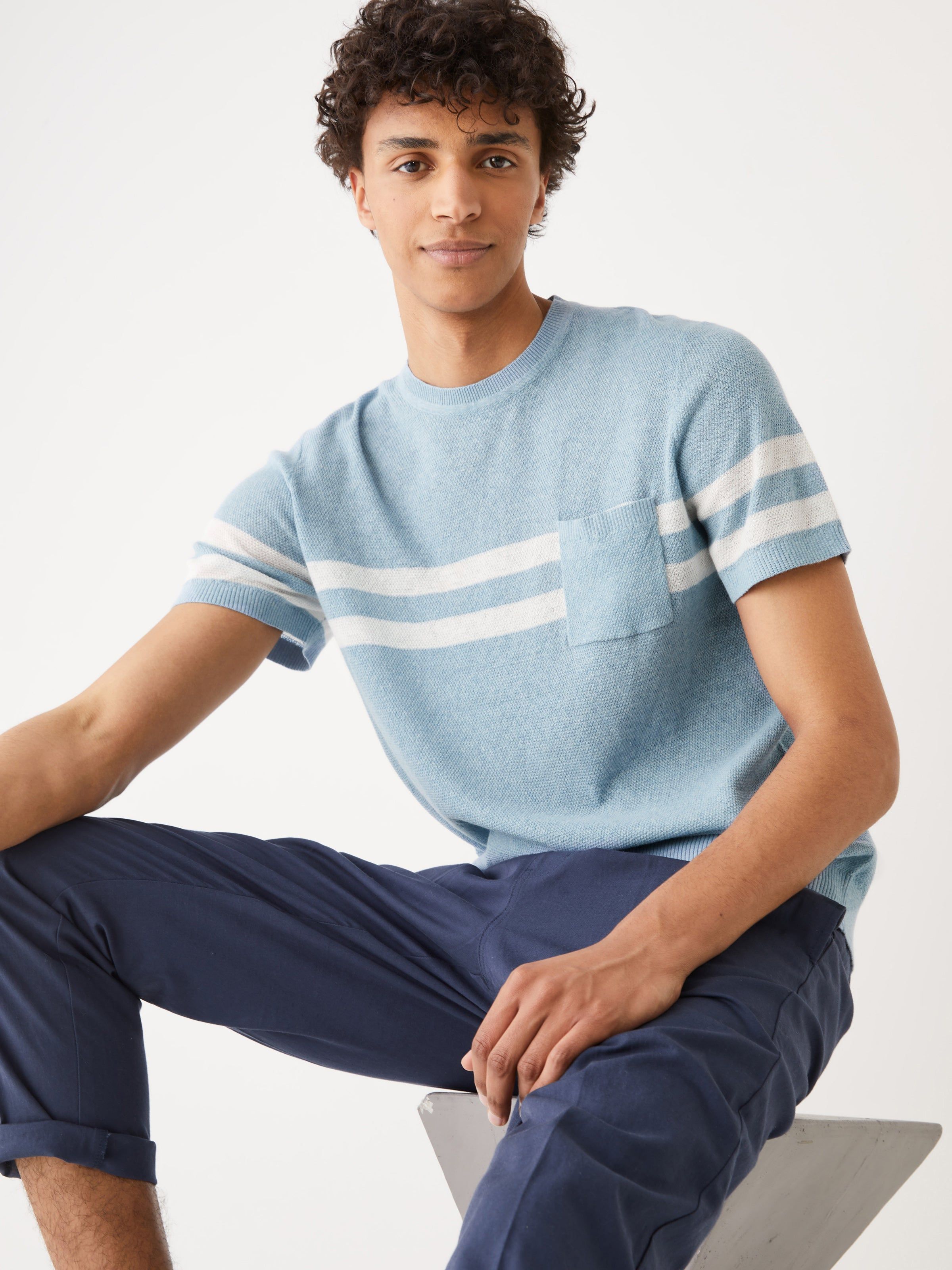 The Striped Linen T-Shirt in Light Blue sold by Frank & Oak
