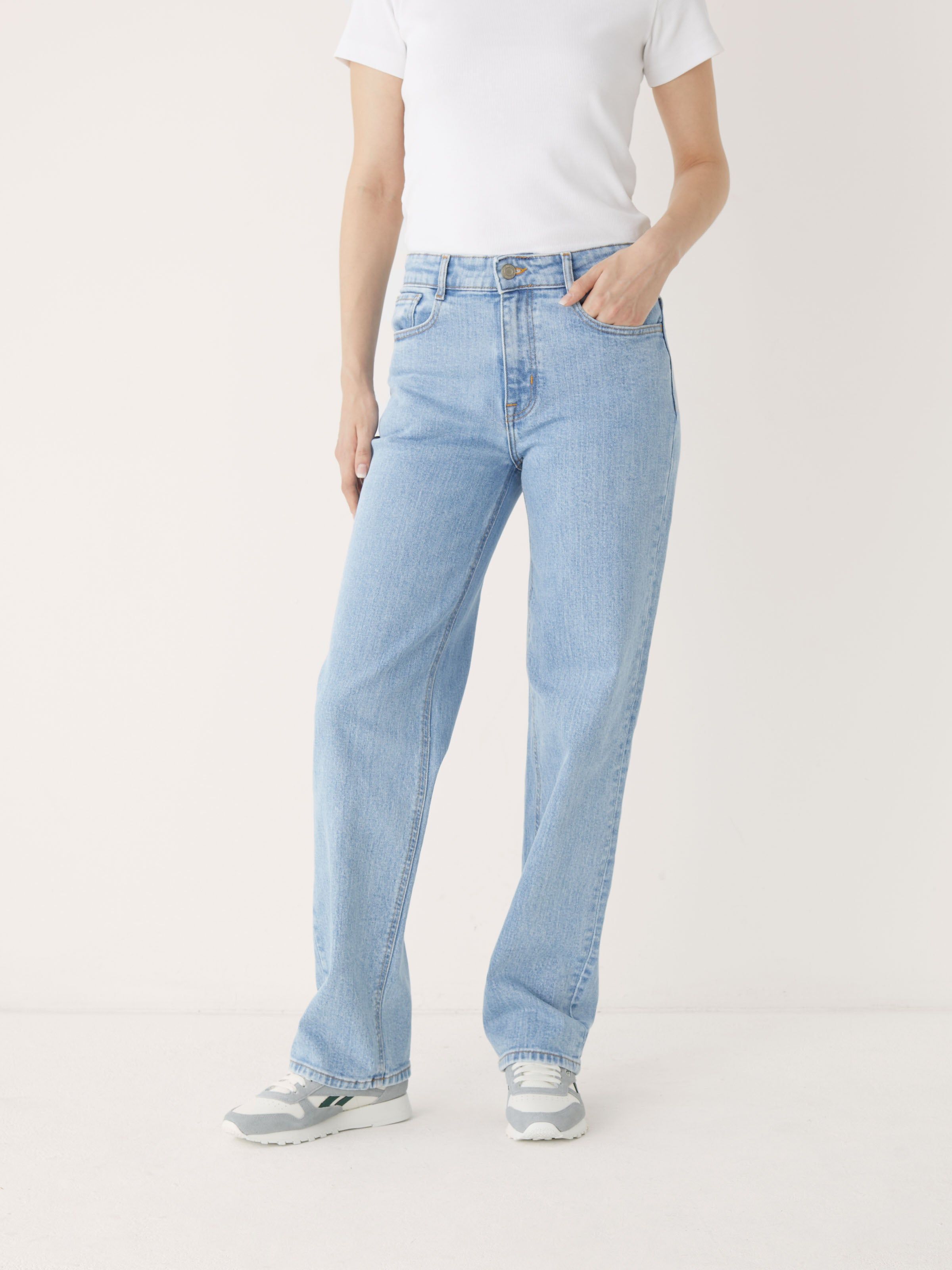 The Marianne High Rise Relaxed Straight Jean in Light Indigo sold by Frank & Oak