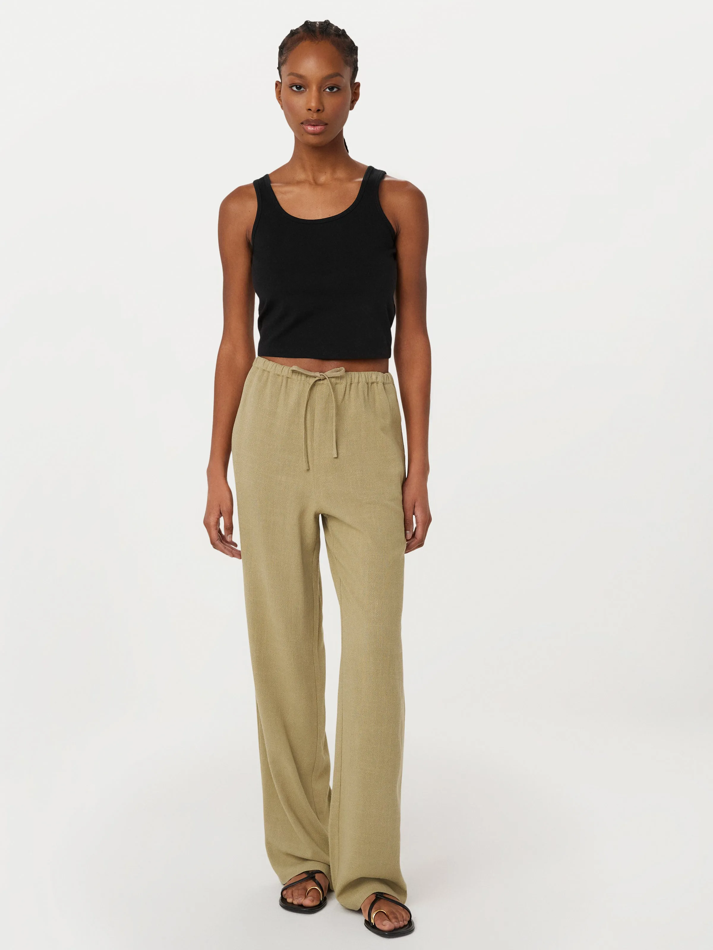 The Relaxed Linen Blend Pant in Green Beige sold by Frank & Oak