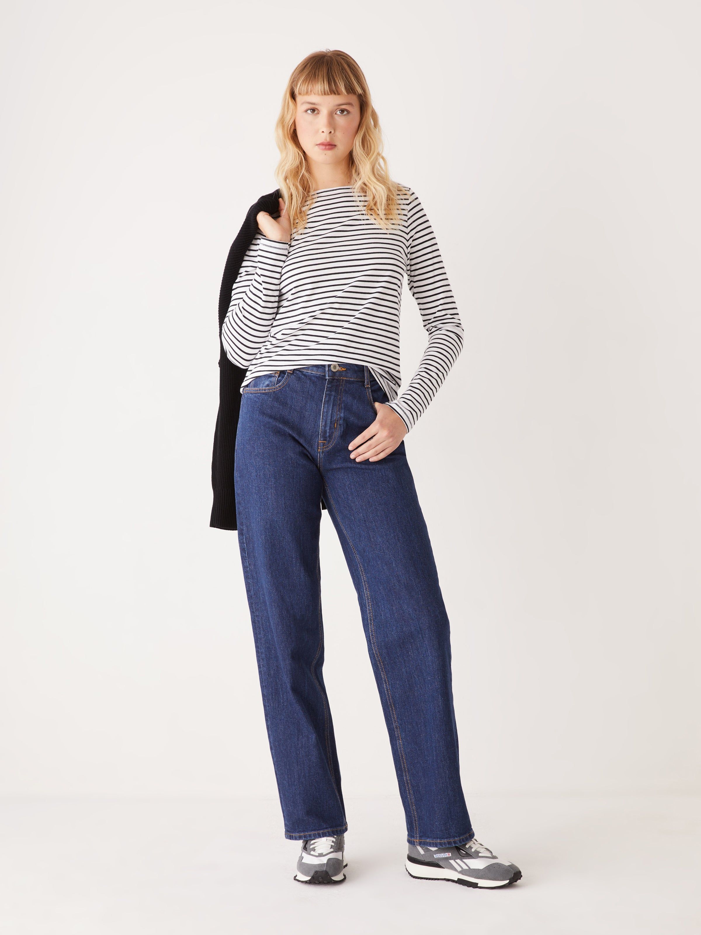 The Striped Long Sleeve T-Shirt in White sold by Frank & Oak