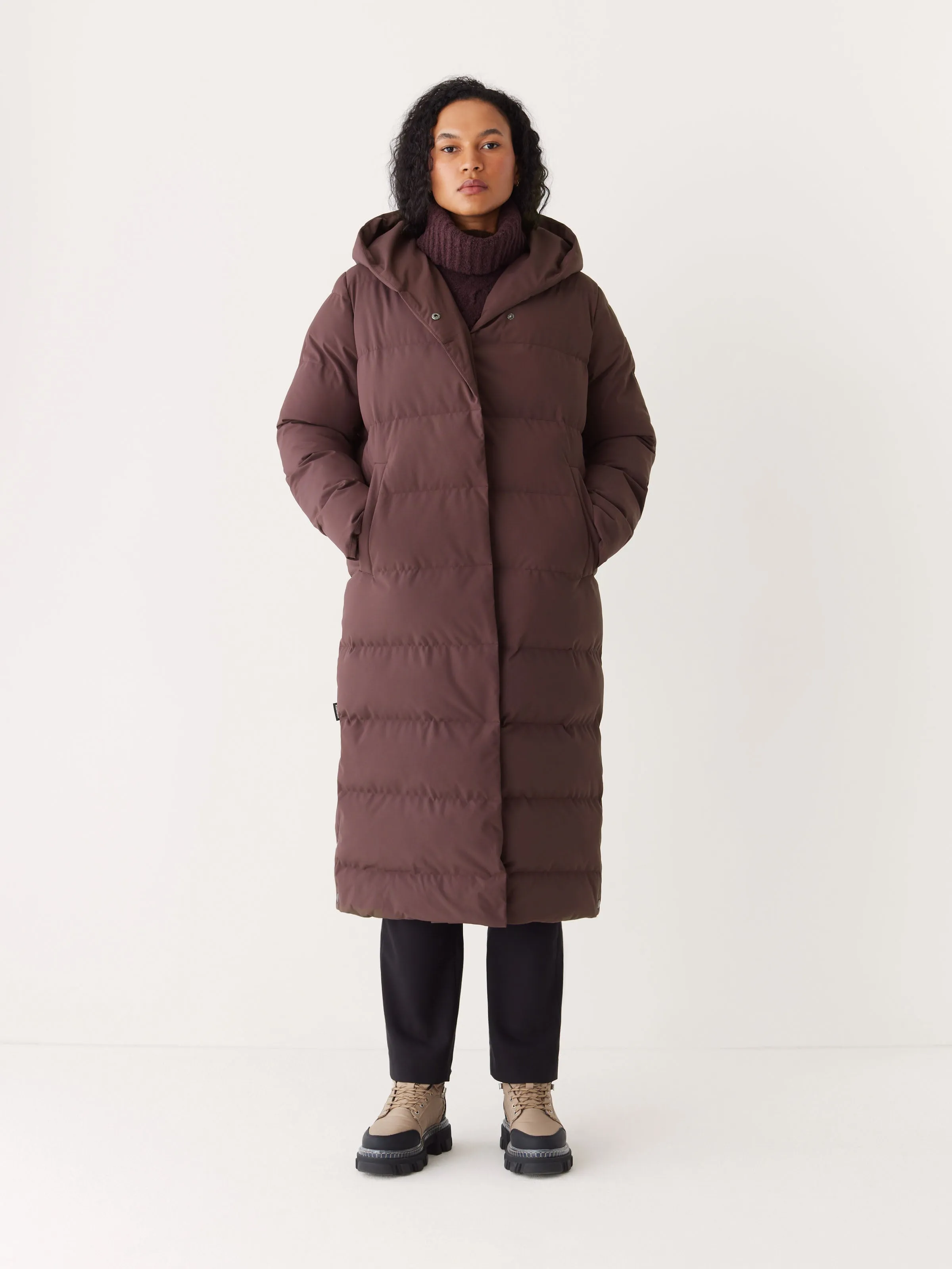 The Highland Long Puffer Coat in Burgundy sold by Frank & Oak