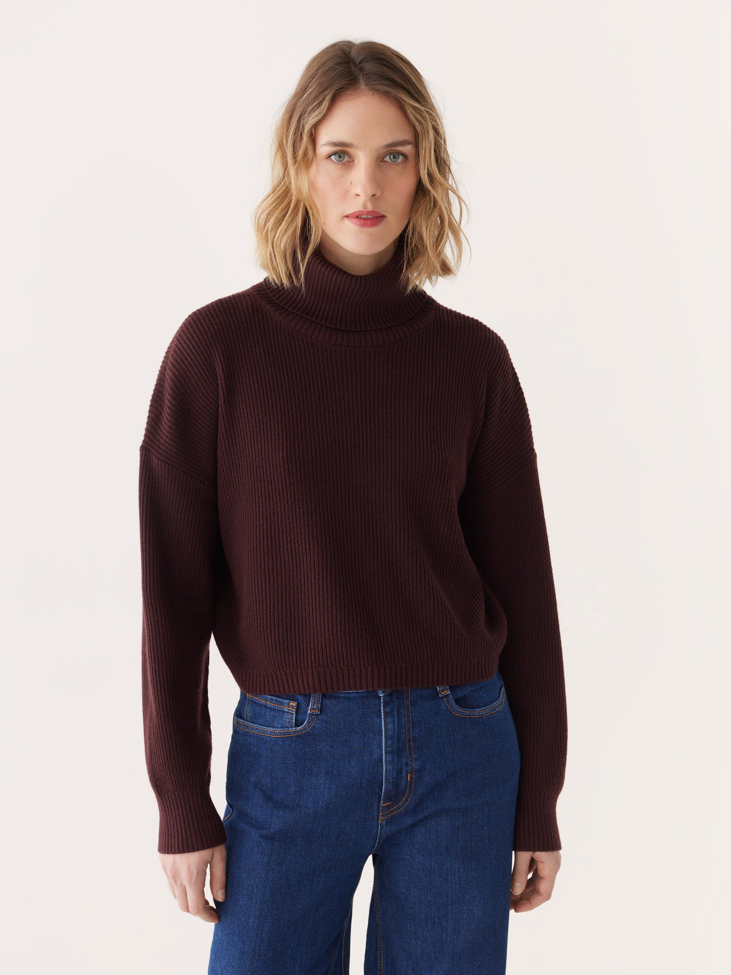 The Merino Turtleneck Sweater in Dark Brown sold by Frank & Oak
