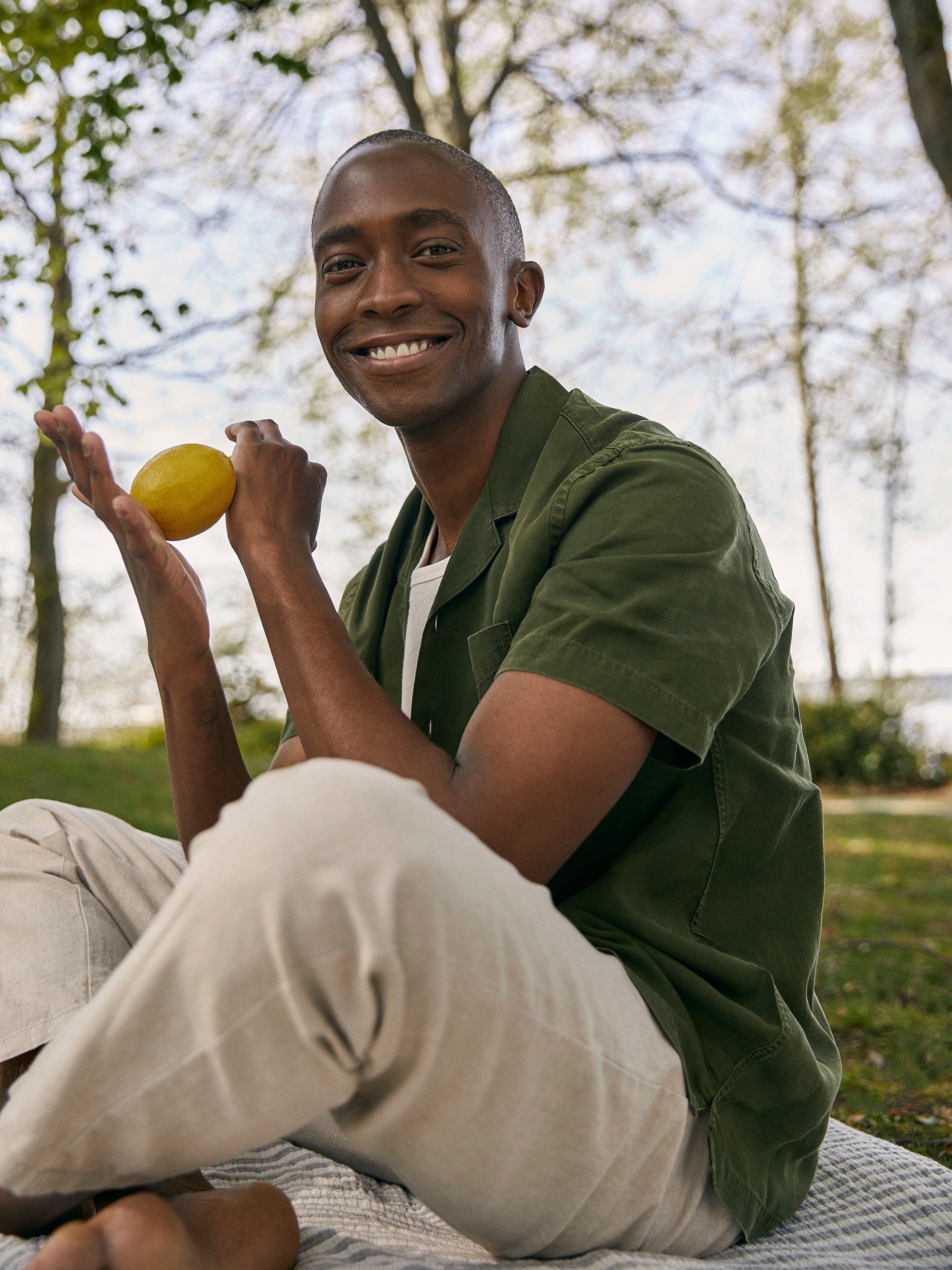 The Camp Collar Resort Shirt in Olive Green sold by Frank & Oak