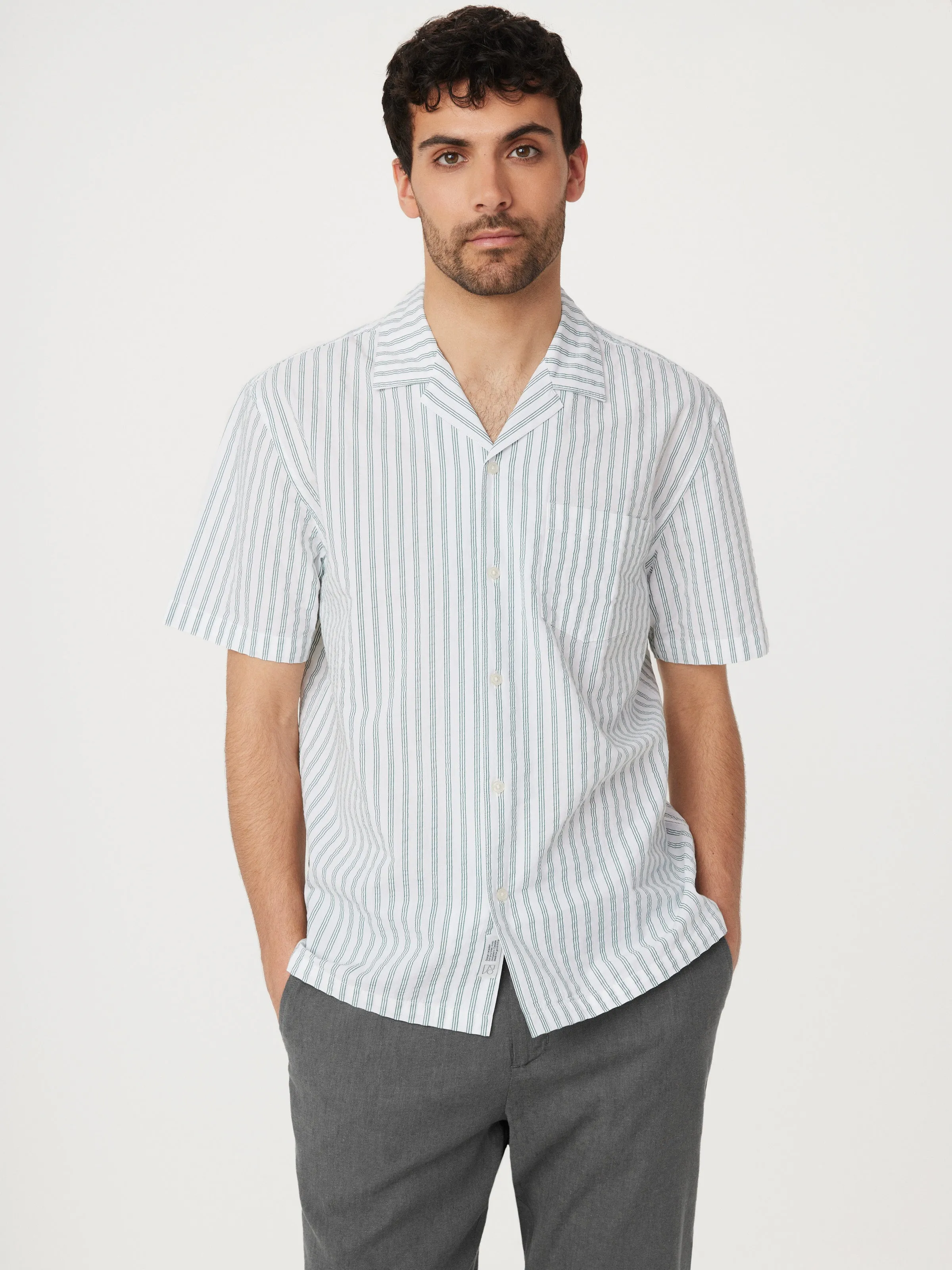 The Seersucker Camp Collar Shirt in Evergreen sold by Frank & Oak