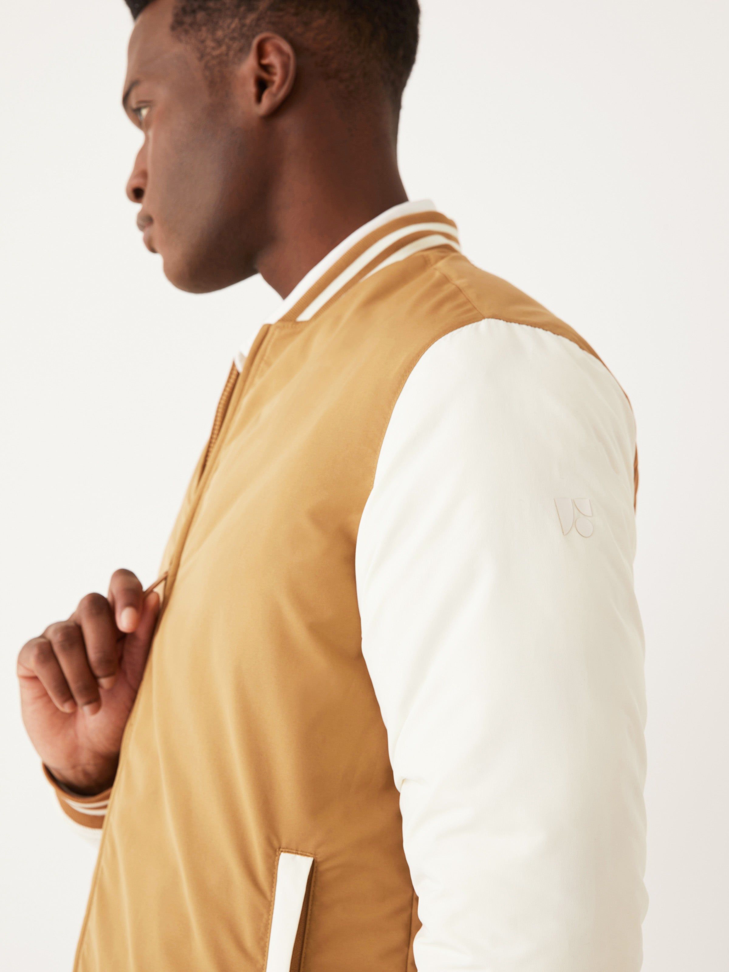 The Varsity Skyline Bomber in Amber sold by Frank & Oak