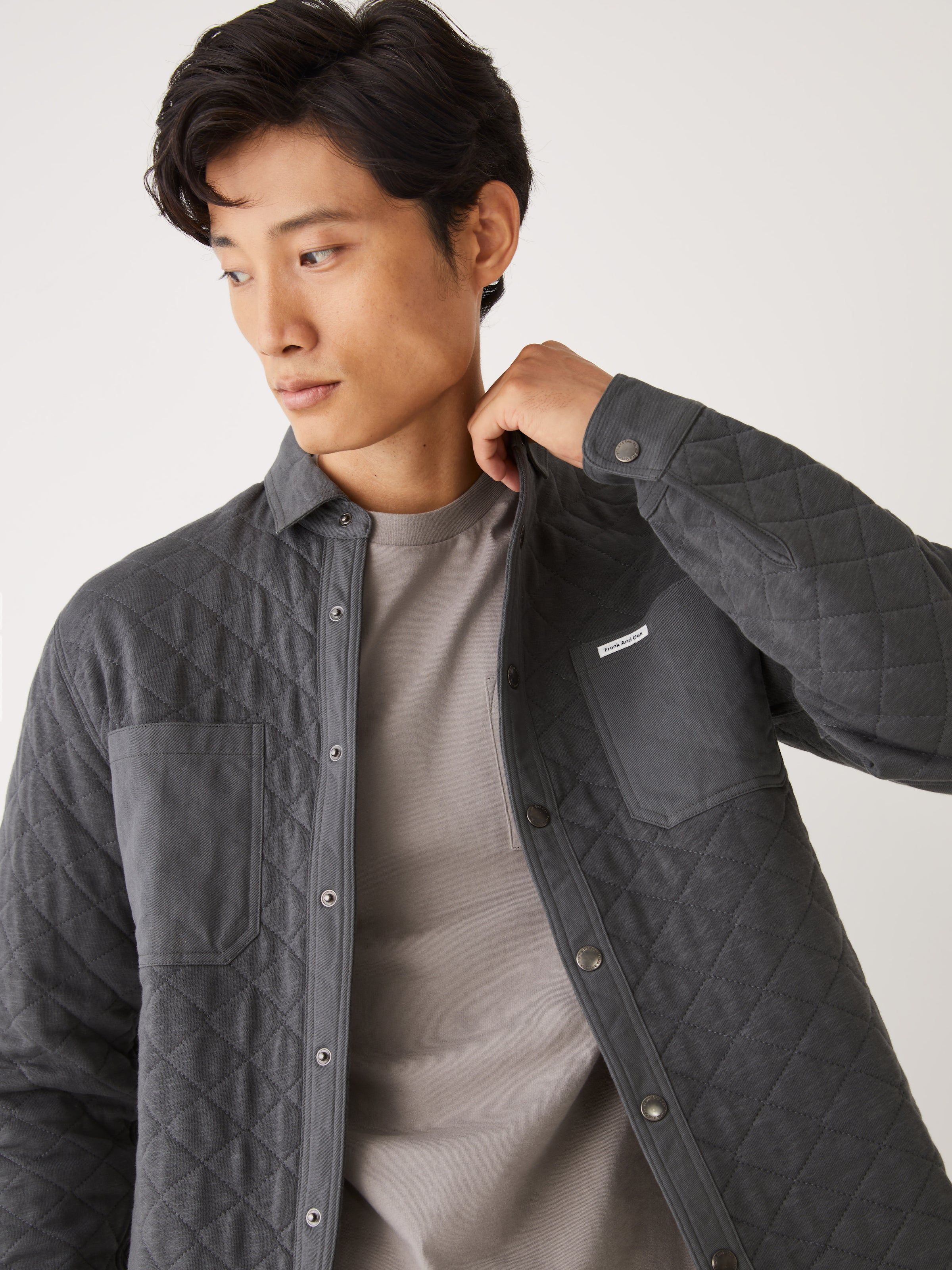 The Quilted Overshirt in Dark Grey sold by Frank & Oak