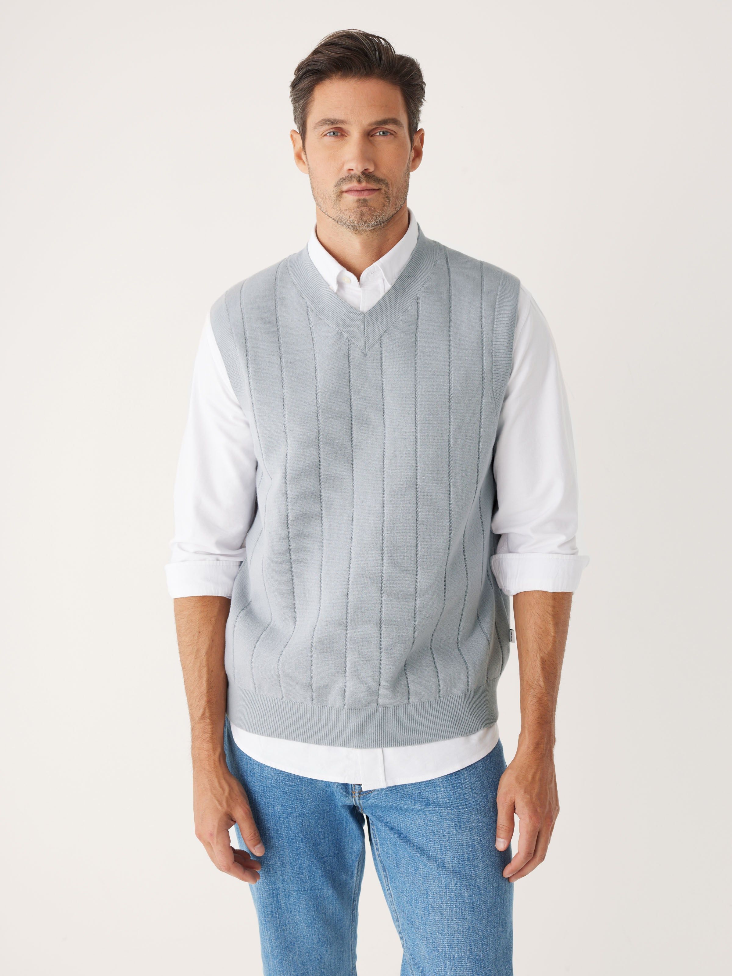 The V-Neck Sweater Vest in Grey Cloud sold by Frank & Oak