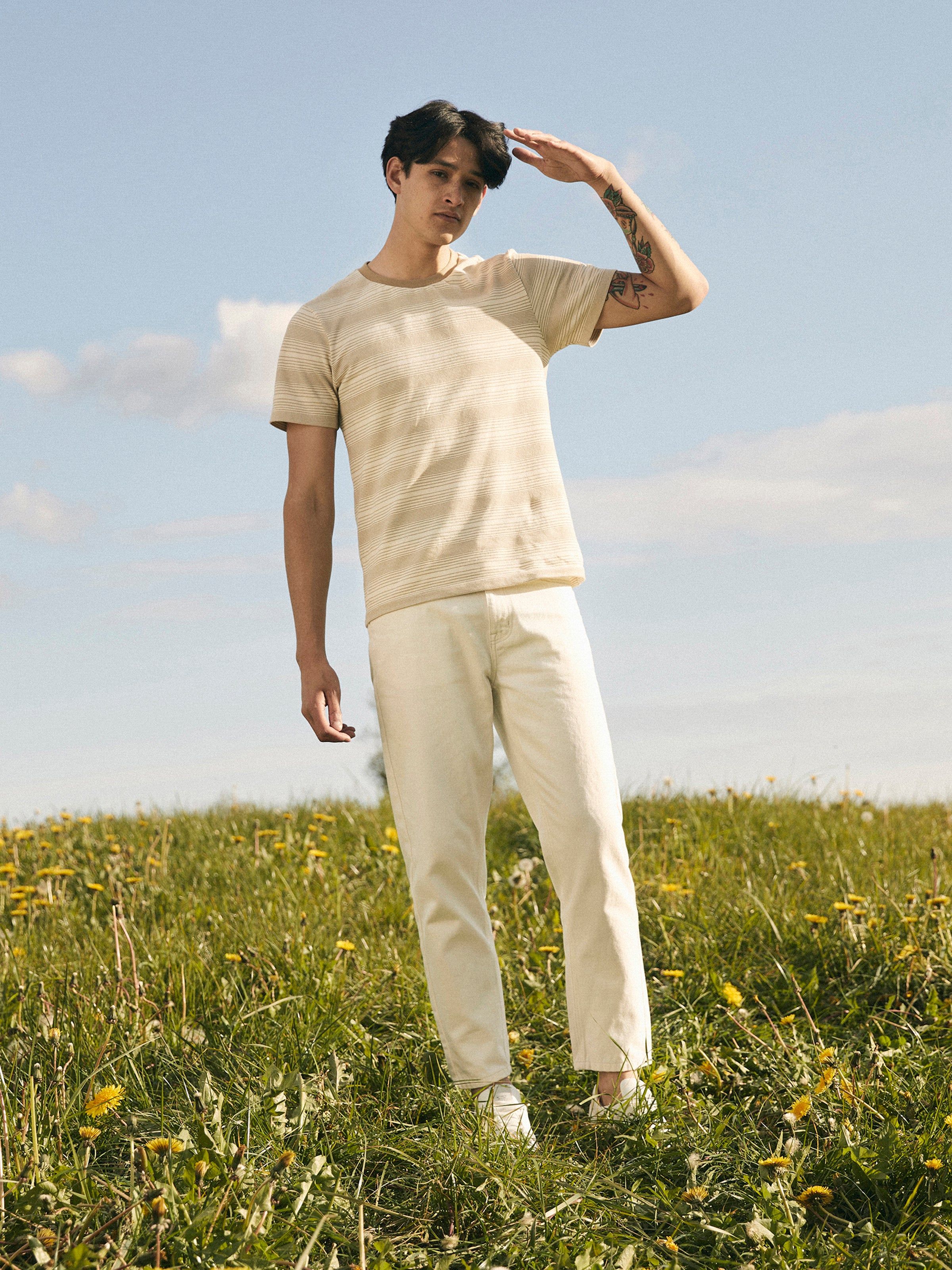 The Striped Pique T-Shirt in Kelp Brown sold by Frank & Oak