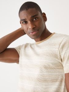 The Striped Pique T-Shirt in Kelp Brown sold by Frank & Oak
