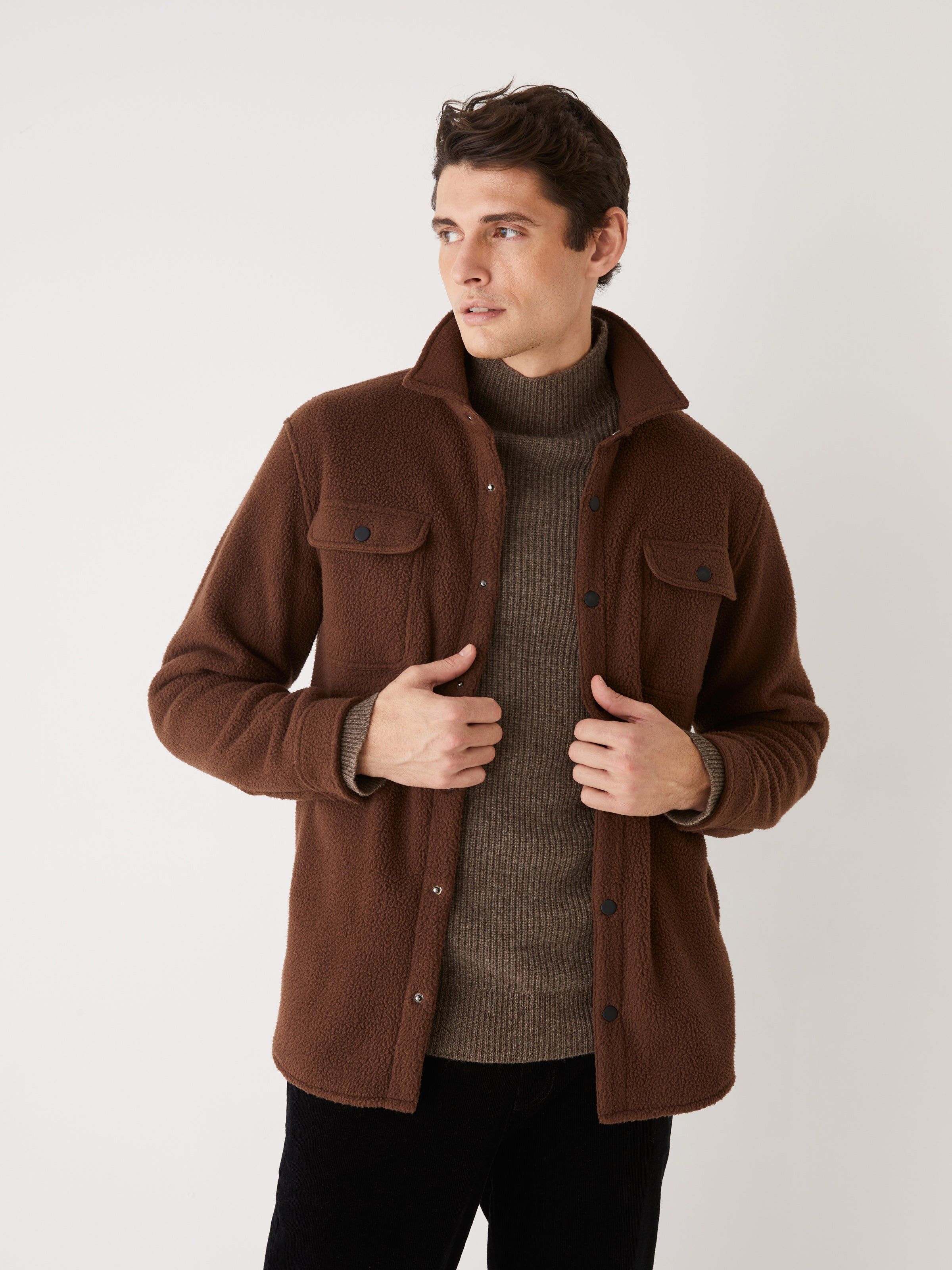 The Polar Fleece Overshirt in Dark Coffée sold by Frank & Oak