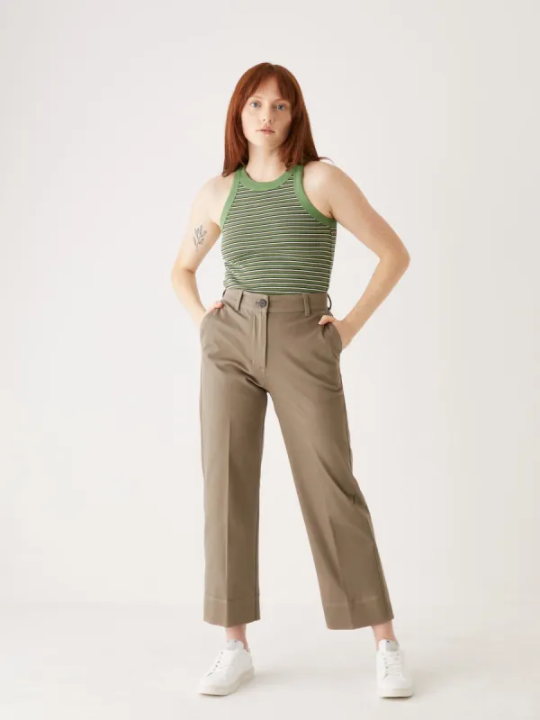 The Jane Straight Fit Flex Pant in Chocolate sold by Frank & Oak