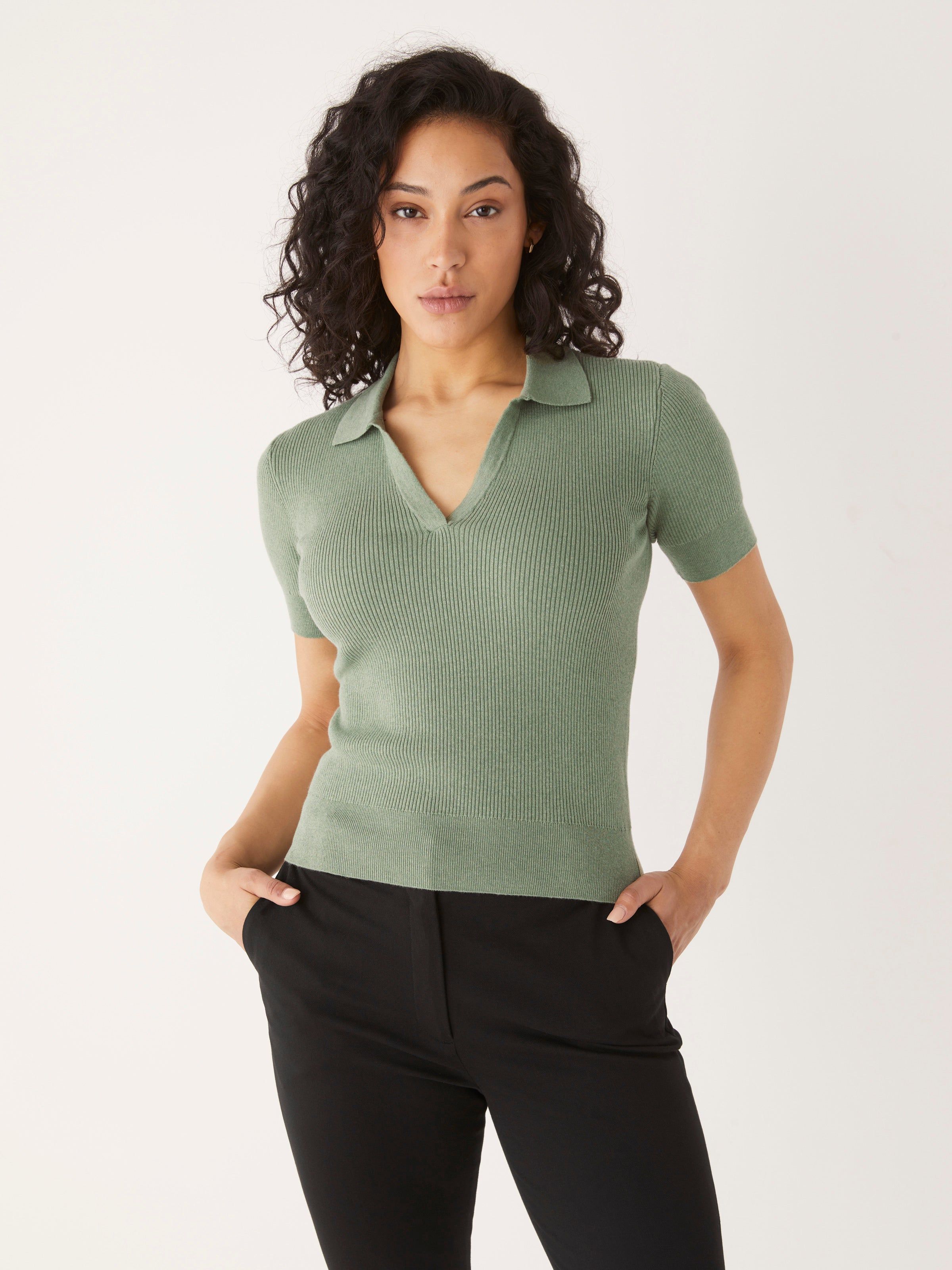 The Johnny Collar Knit Top in Deep Sage sold by Frank & Oak
