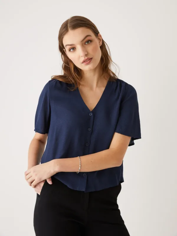 Ruched Flutter Sleeve Blouse in Navy sold by Frank & Oak