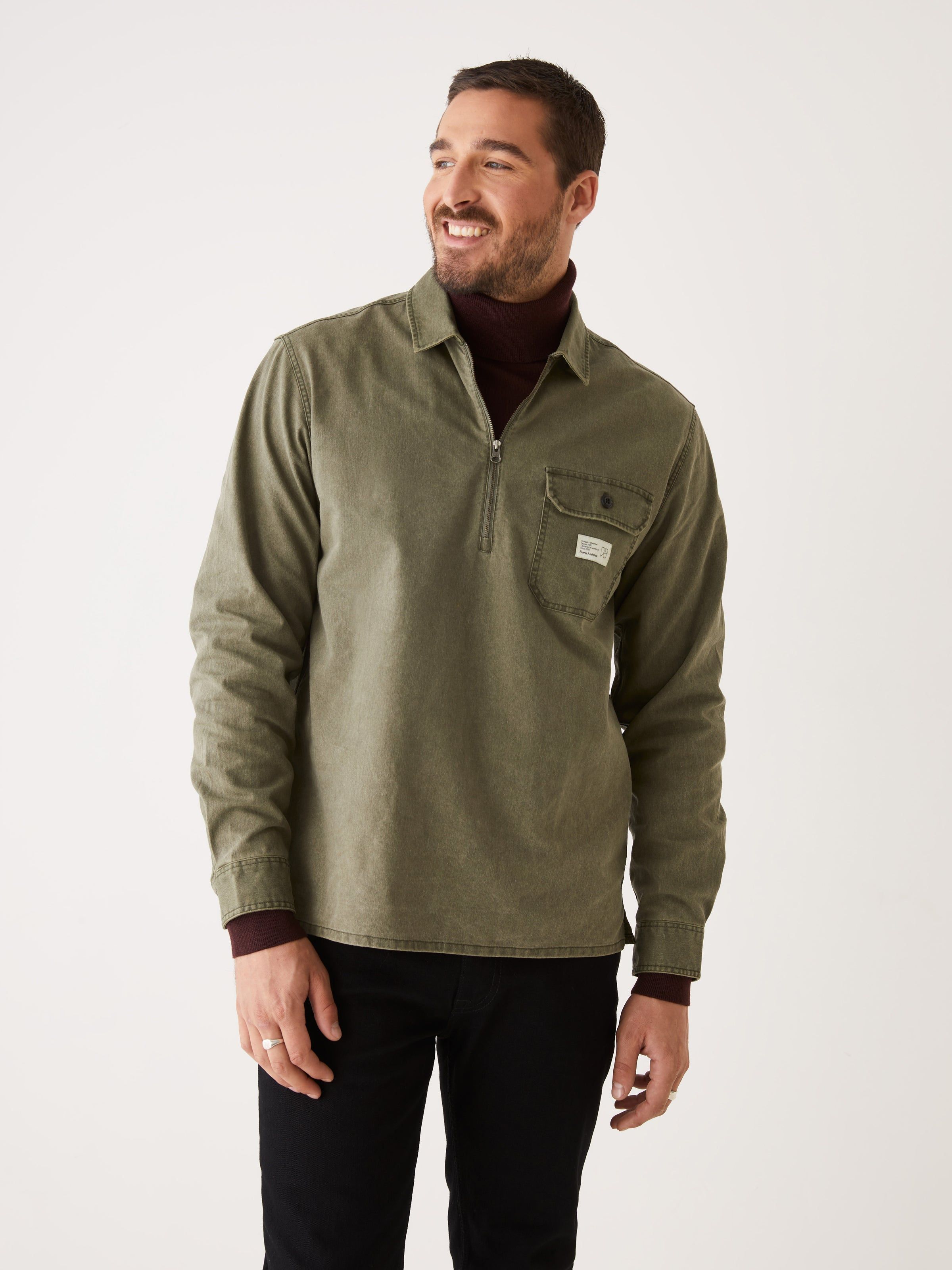 The Half-Zip Twill Popover Overshirt in Khaki sold by Frank & Oak